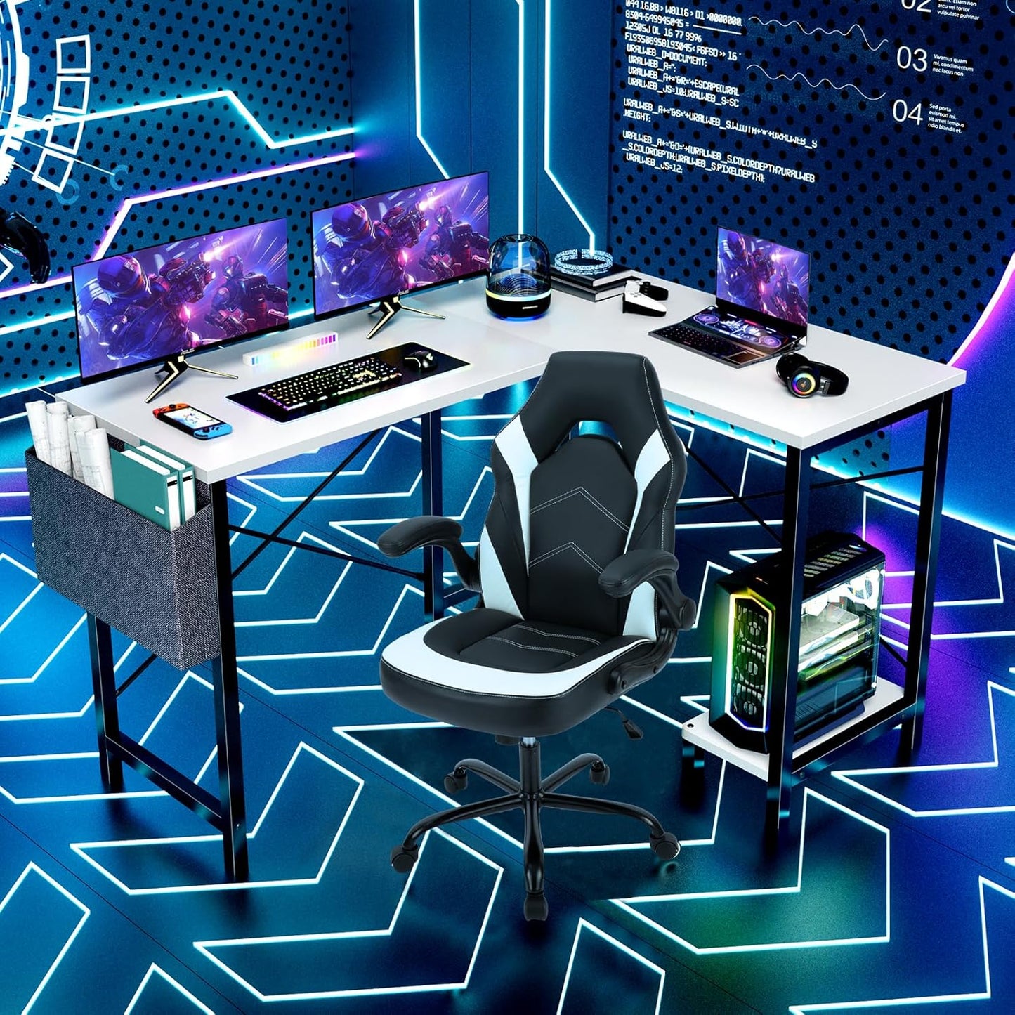 Sweetcrispy L Shaped Computer Desk - Gaming Corner 50 Inch PC White Writing Study Student Table with Wooden Desktop CPU Stand Side Bag Reversible for Home Office Room Small Space, White