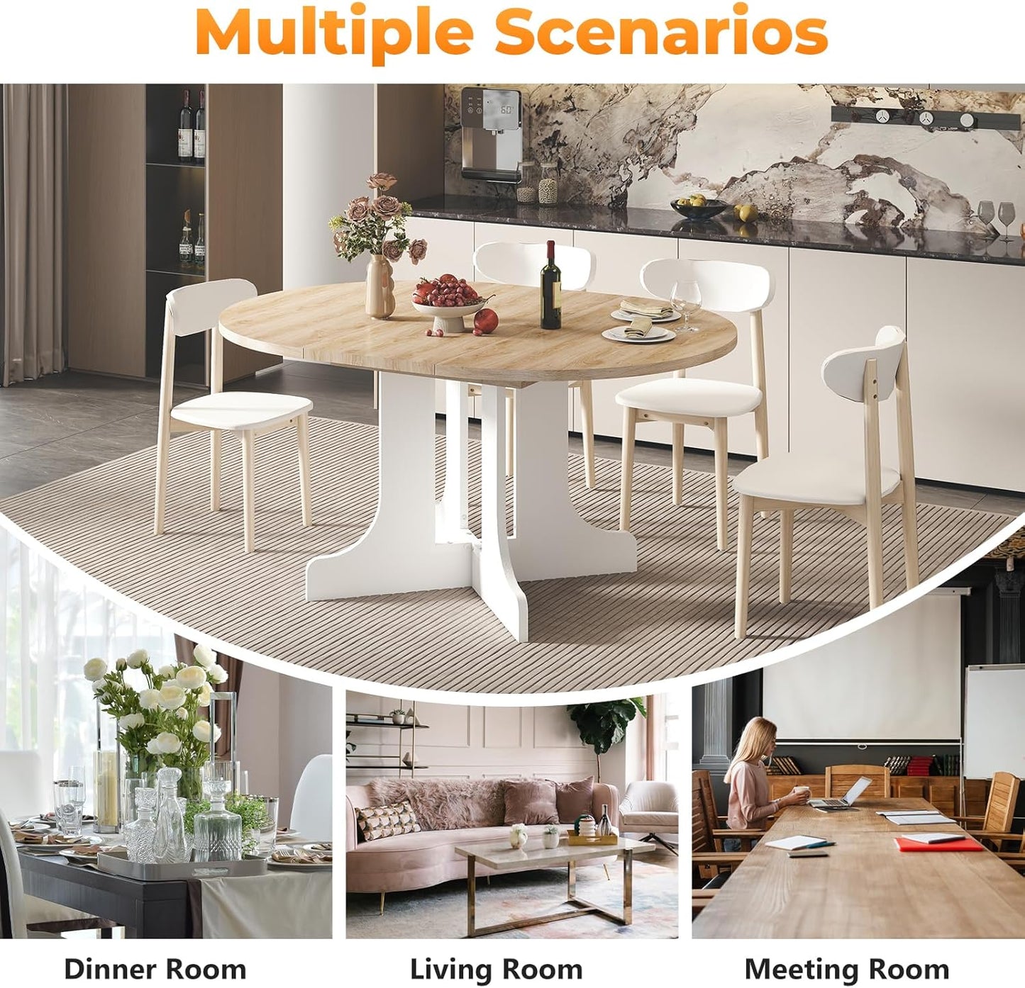 43"-59" Expandable Round Dining Table, Extendable Dining Room Table for 4-6, Oval Tabletop with Removable Leaf, Trestle X-Shaped Base & Metal Track for Dining Room, Living Room-Oak