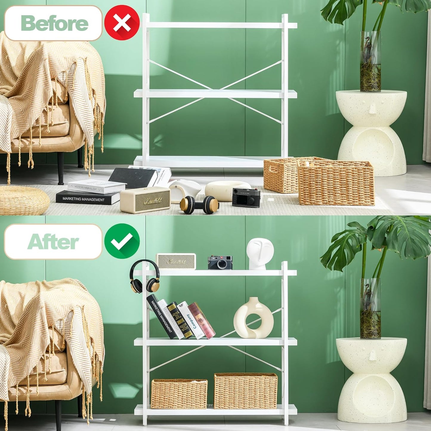 HCHQHS Bookshelf, 3-Tier Industrial Bookcase, White Open Book Shelf, Freestanding Horizontal Bookshelves with Metal Frame