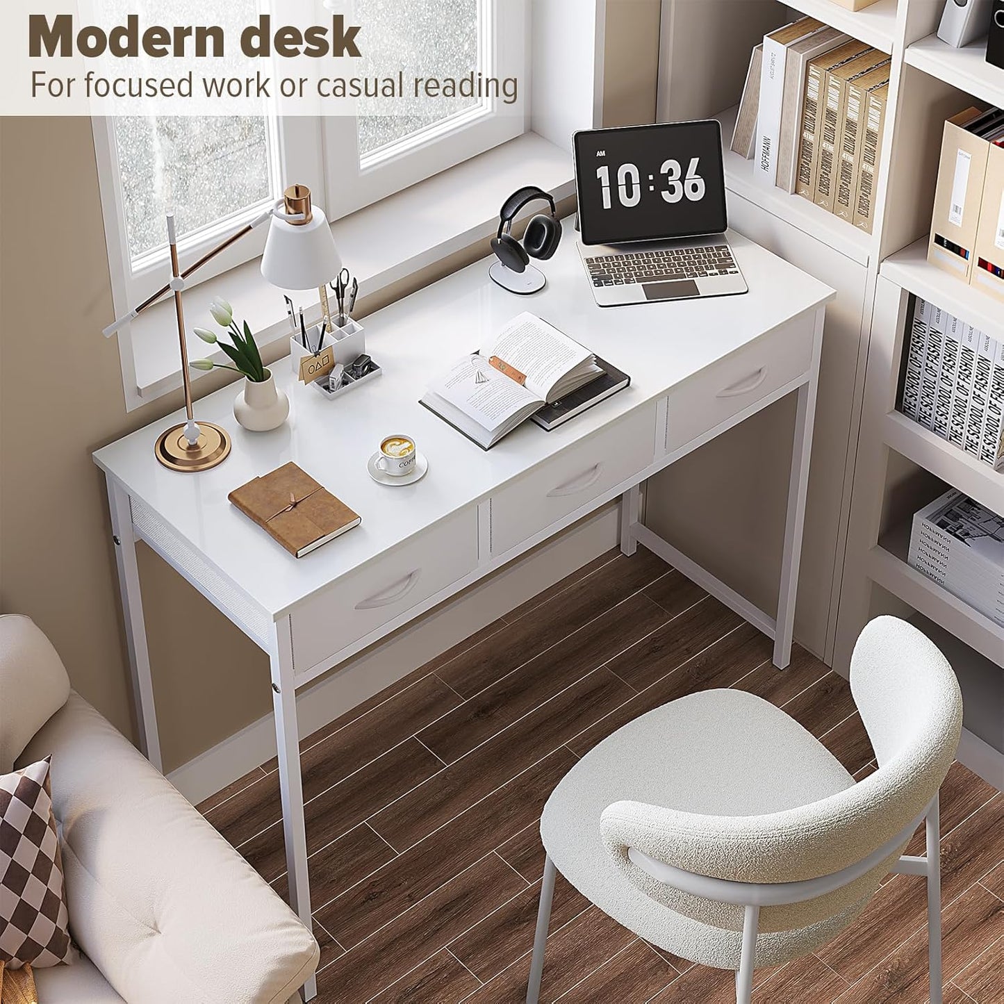 WOHOMO Small Computer Desk with Drawers, 39.3 Inch Vanity Desk with Storage, Home Office Computer Desk for Small Spaces, Modern Work Writing Study Table, White