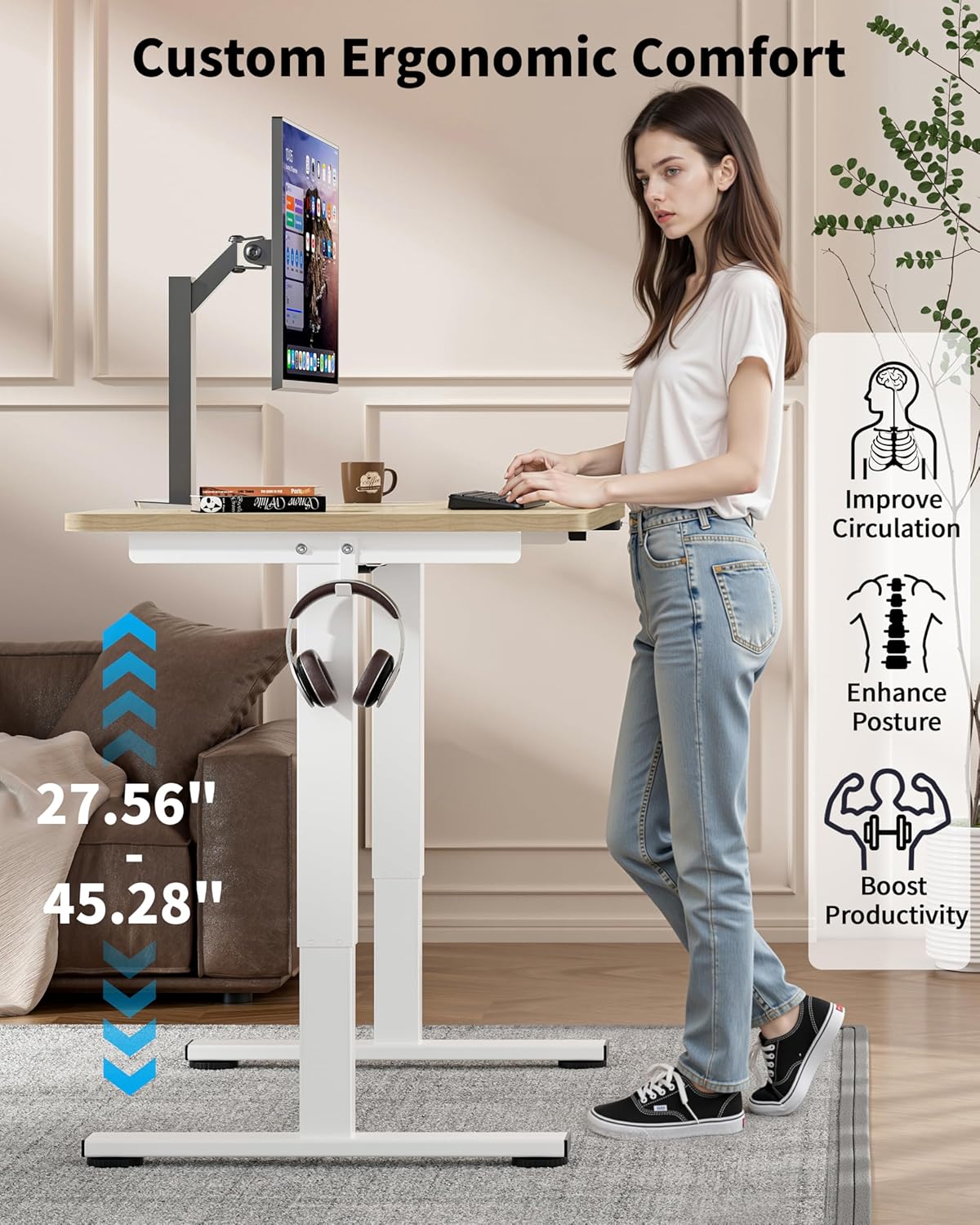 Okin Small Electric Standing Desk, 36" x 24" Whole Piece Height Adjustable Desk, Oak Sit to Stand Computer Workstation with Wheels for Home Office