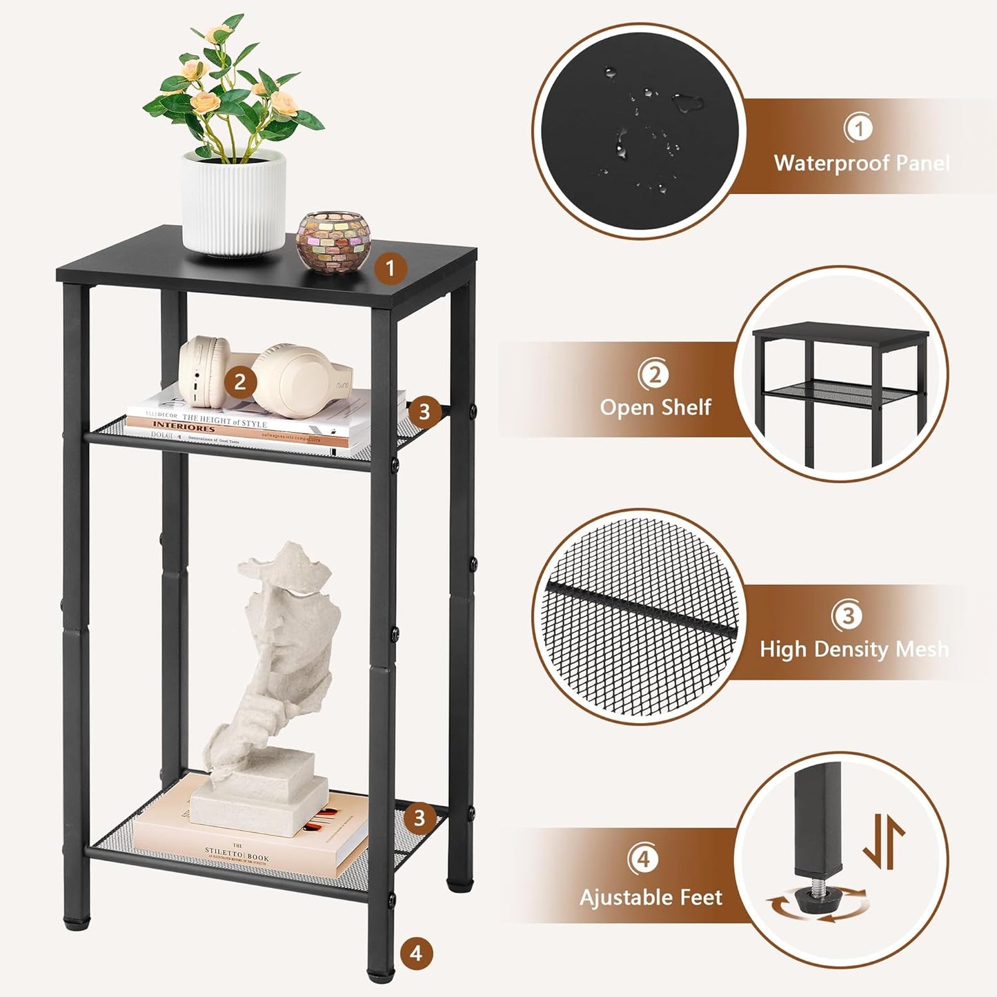 Hoctieon 2-Set 3 Tier End Table, Telephone Table Set of 2, Tall Side Table with Storage Set of 2, Small Nightstand for Small Spaces, Metal Frame, for Living Room, Bedroom, Sofa Couch, Black