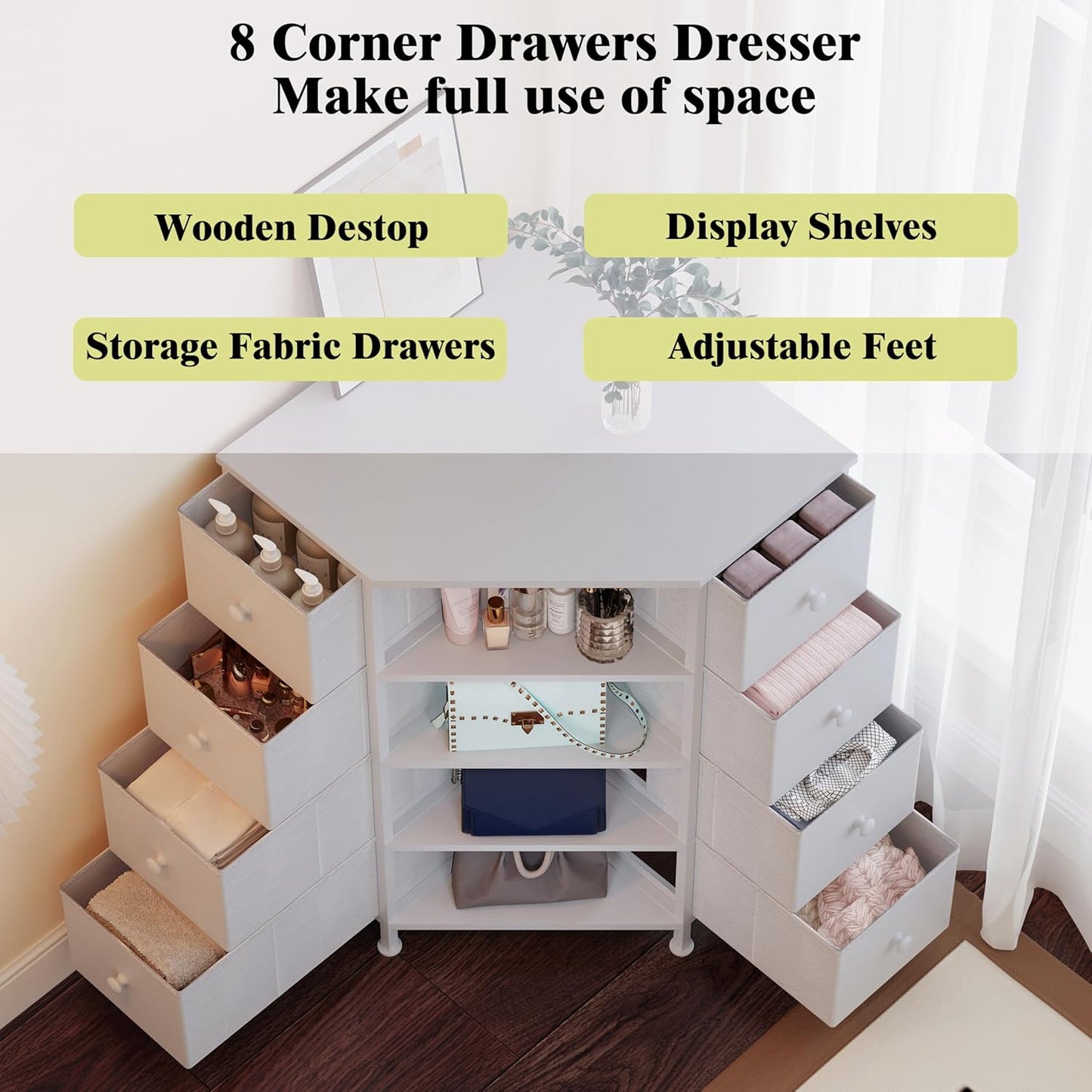 LUMTOK 8 Drawers Corner Dresser with Storage Fabric Drawers and Open Shelves for Small Space，Bedroom，Entryway，Living Room (White)