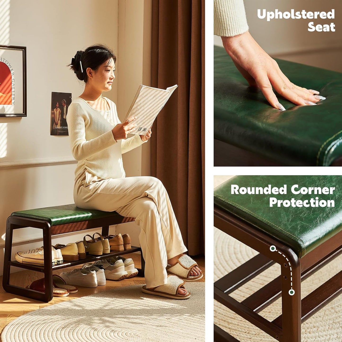 Solid Wood Shoe Bench, 2-Tier Wooden Storage Entryway Bench, Small Storage Bench Entryway Bench, Mid-Century Modern Bedside Bench with Faux Leather Cushion for Dining Room Living Room, Walnut 21.65''