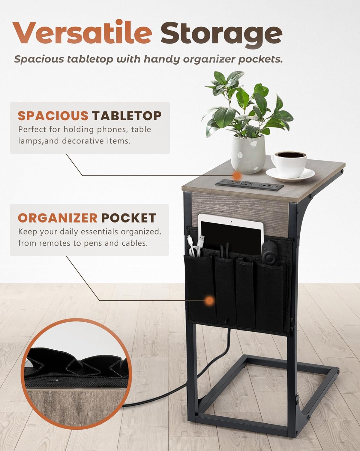 C Shaped End Table with Charging Station, Couch Side Table with Storage Pocket, Slide Under Couch Sofa Table Tray, Greige