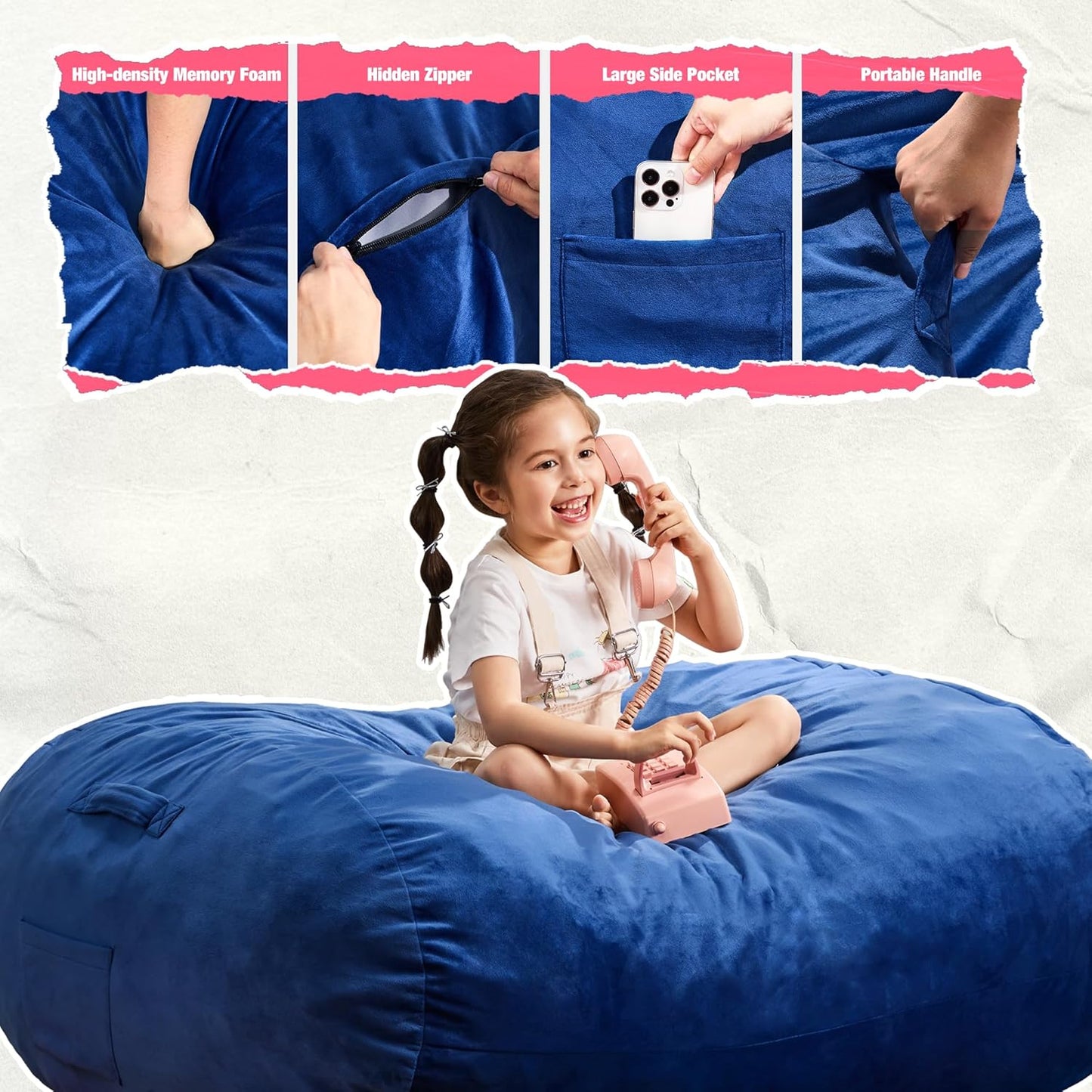 Hobestluk 3FT Bean Bag Chair Large Beanbag with Removable Cover Adult Bean Bag Chair with Portable Handle Desgin for Living Room Bedroom (Blue, 3FT)