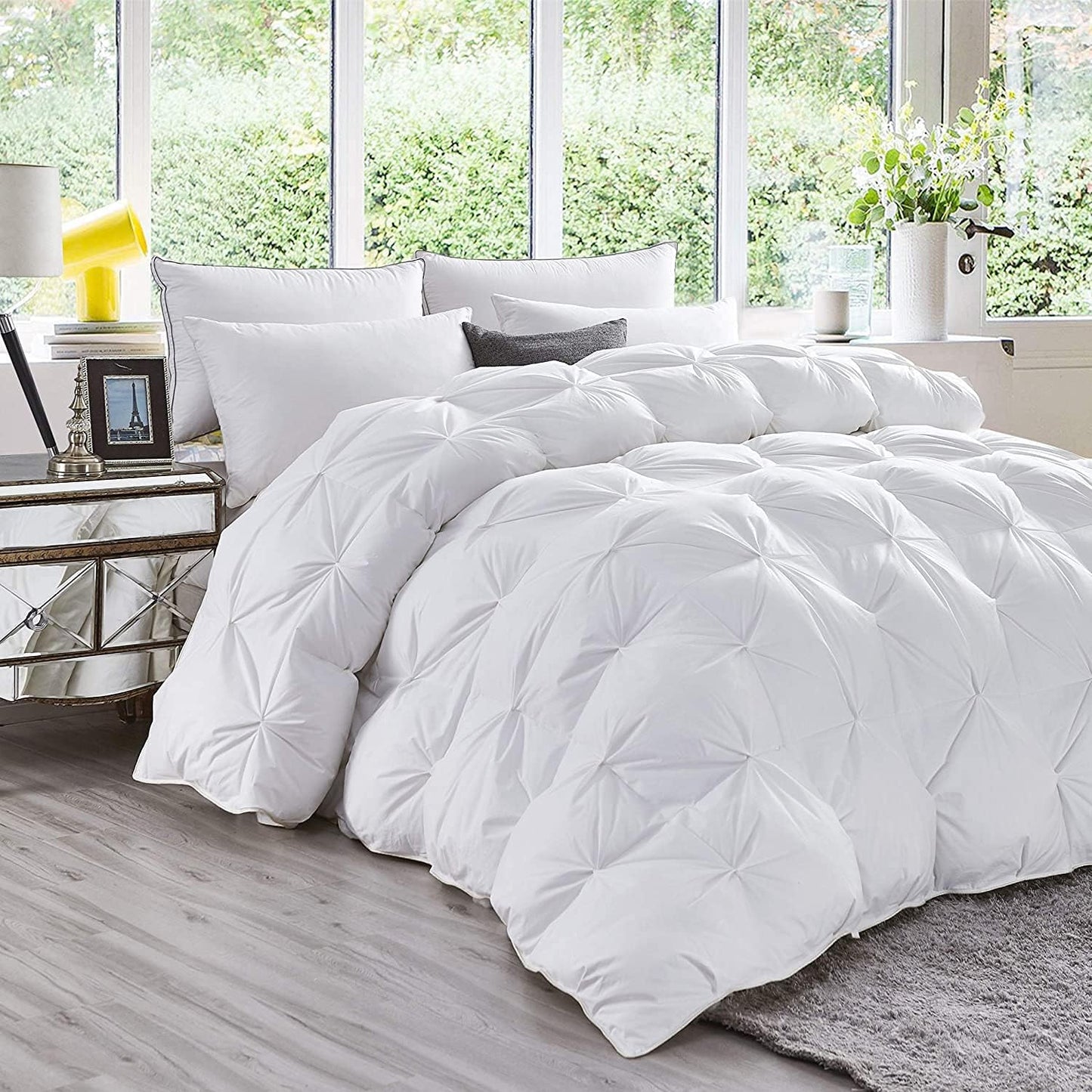 Luxurious Goose Down Feather Fiber Comforter Duvet Insert, Exquisite Pinch Pleat Design, Oversize California King/Cal King White 108 x 98, 100% Egyptian Cotton, 75 oz. Fill Weight, White