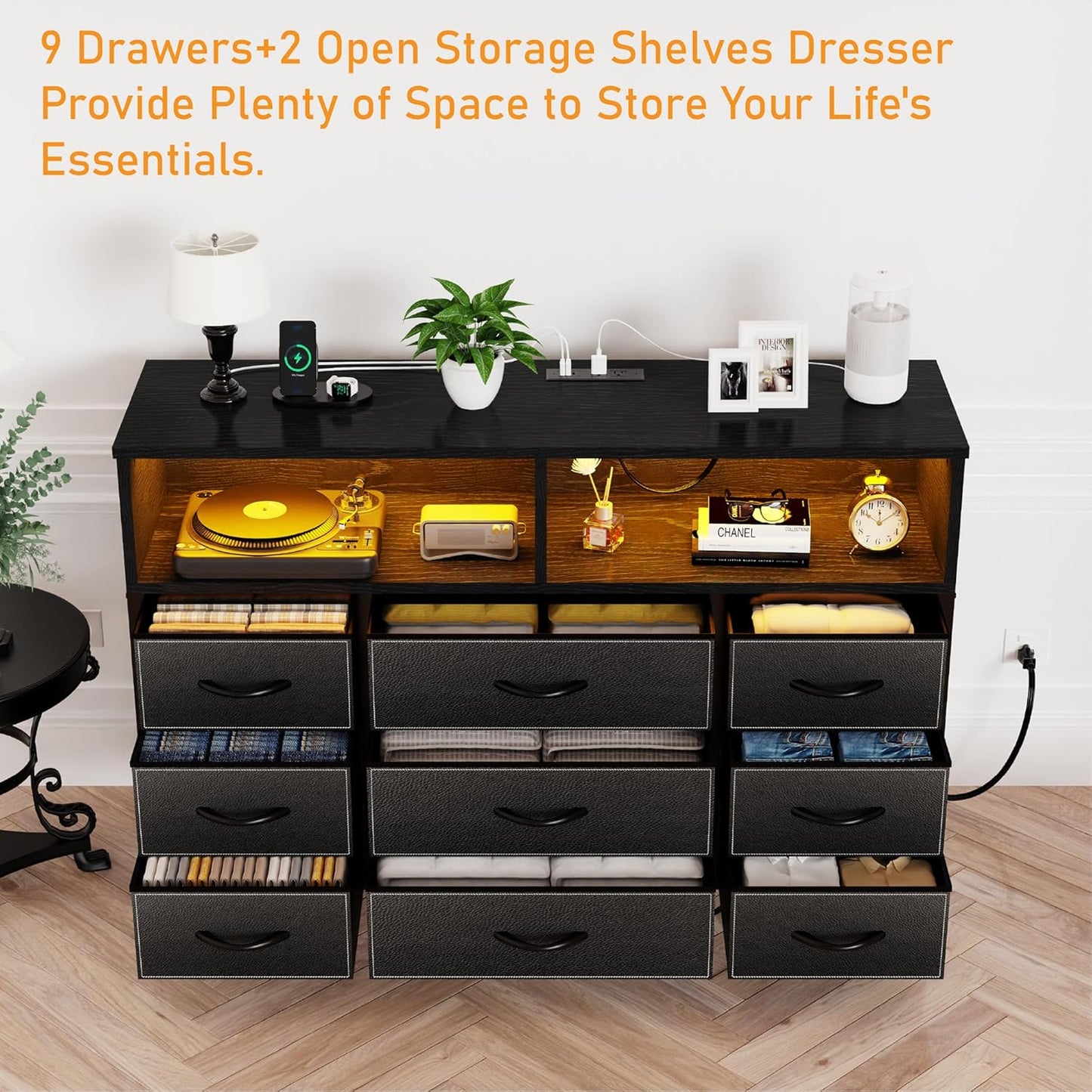 Black Dresser for Bedroom, 9 Drawers Led Dresser TV Stand with Power Outlets and LED Lights, Long Fabric Dressers Wide Chest of Drawers with Large Organizer for Living Room, Entryway, Hallway