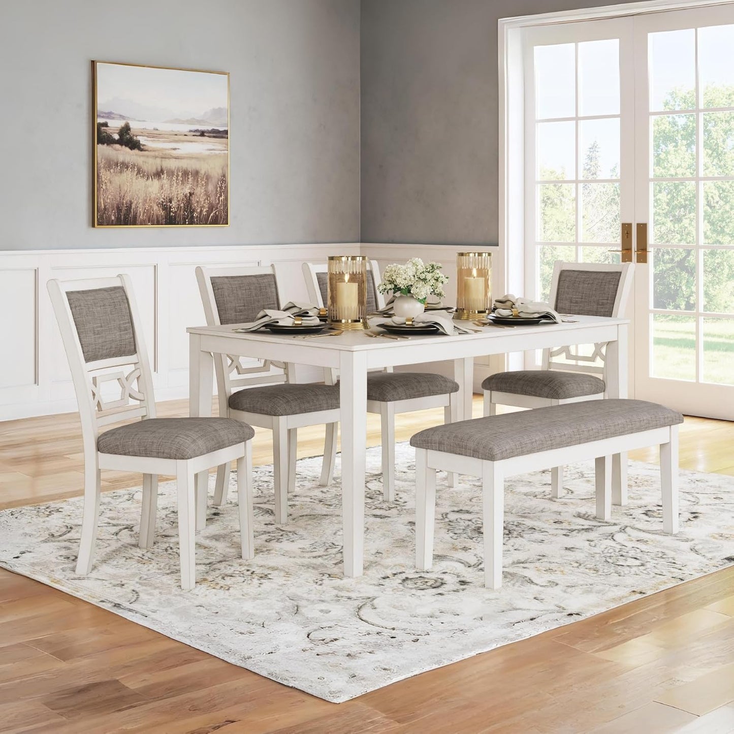 Signature Design by Ashley Erinberg Casual Dining Table with 4 Armless Upholstered Chairs and Bench, Set of 6, White & Light Gray