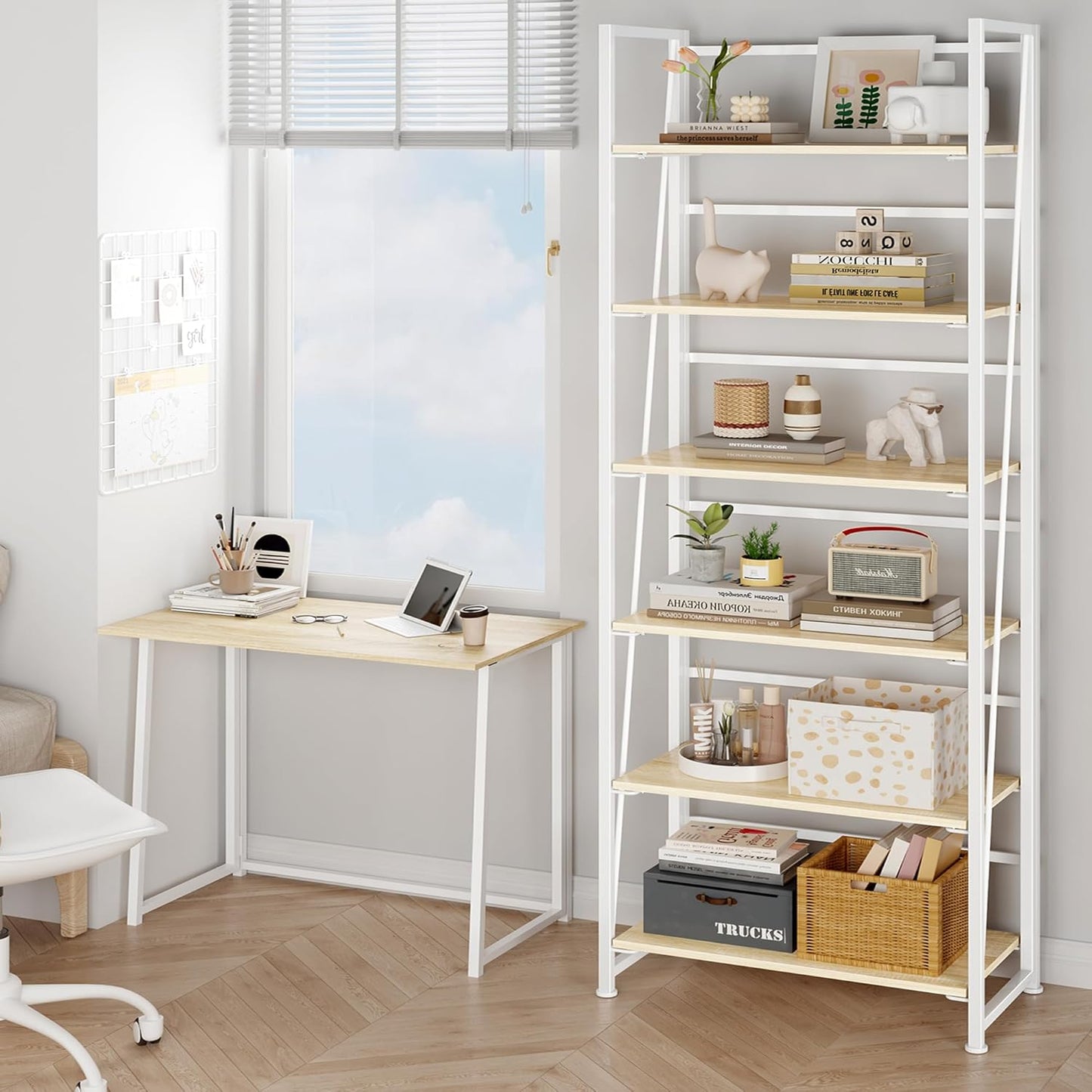 BHG Vintage Multifunctional Folding Bookshelf, No-Assembly Plant Stand Storage Rack Shelves for Home Office