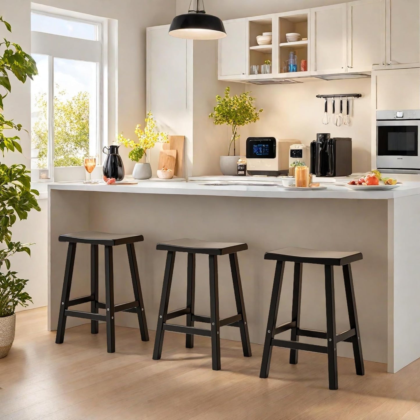 24" H Bar Stools Set of 2 - Classic Saddle Seat with Footrest, Resin Kitchen Counter Stool, Anti-Slip & Waterproof - Tall Barstools for Bar, Kitchen, Dining Room, Lounge - Black