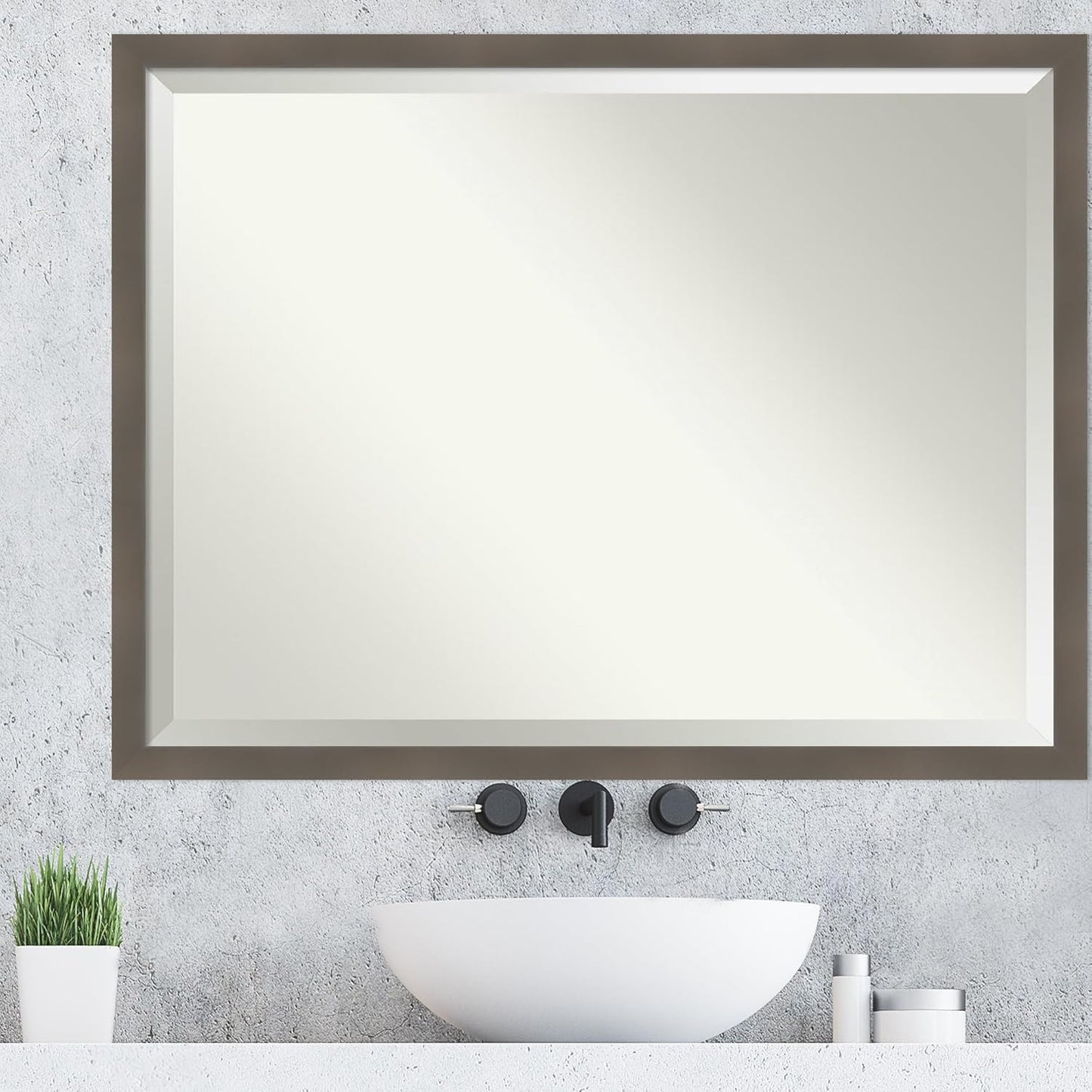 Amanti Art Grey Wall Mirror 33x43 Edwin Clay Grey Rectangle Bathroom Mirror for Wall Decor Living Room, X-Large Casual Wood Frame, Hangs Horizonally and Vertically, Bathroom Decor, Beveled Edge