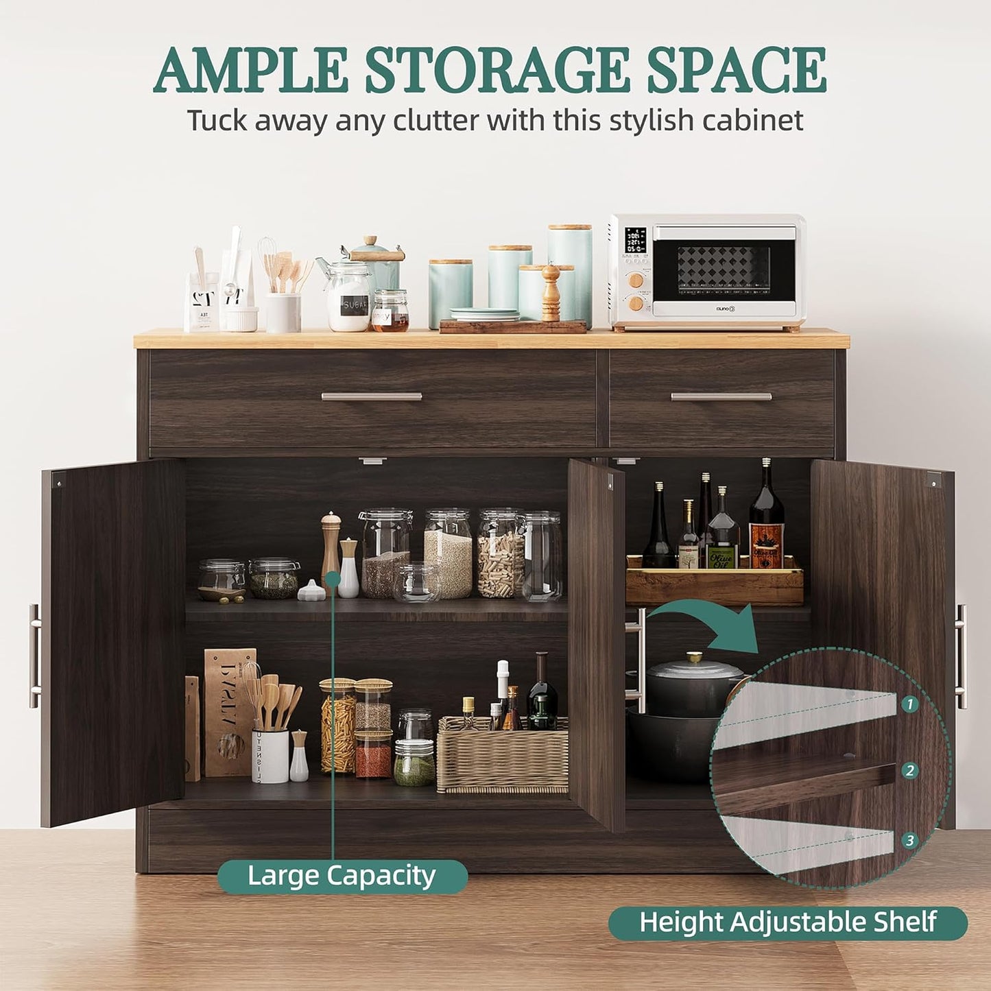 Shintenchi Modern Farmhouse Sideboard Buffet Cabinet,Barn Doors Buffet Cabinet with 2 Drawers & 3 Doors,Wood Coffee Bar Cabinet with Adjustable Shelf for Kitchen Living Room,Brown