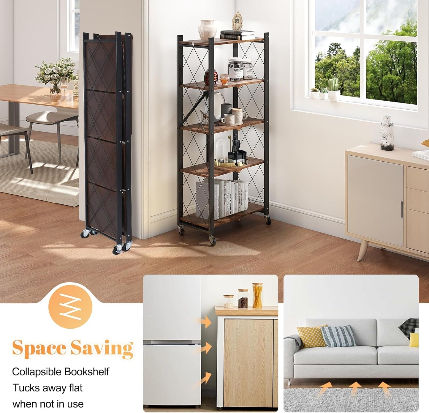 BAOYOUNI 5-Tier Vintage Industrial Bookshelf - No Assembly Folding Storage Shelf with Woodgrain Finish | Collapsible Metal Bookcase for Living Room, Office & Bedroom