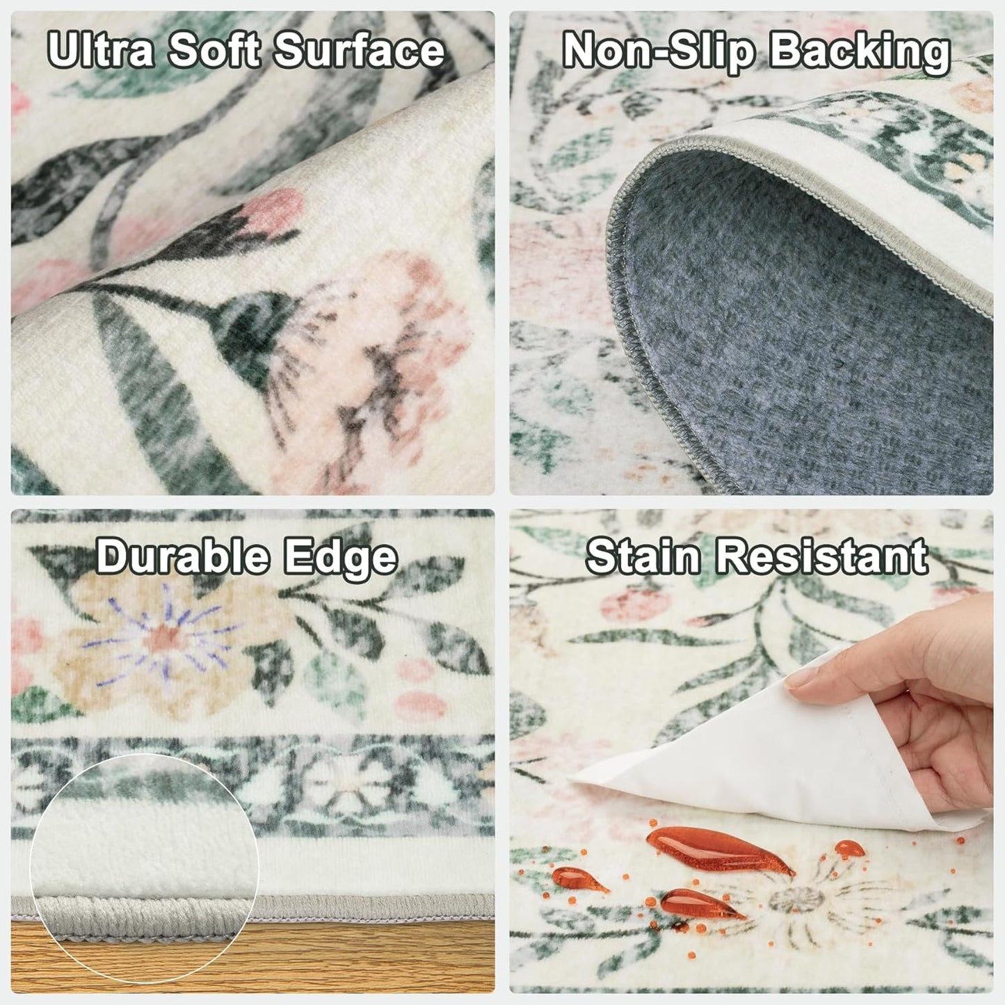 8x10 Area Rugs for Living Room: Floral Washable Rug Vintage Large Soft Boho Non-Slip Carpet Indoor Stain Resistant Low Pile Carpets for Bedroom Dining Room Farmhouse Nursery Home Office Green Beige