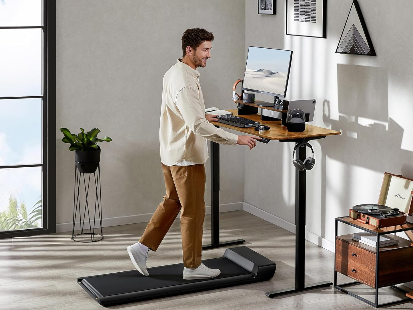 48x24 Inches Electric Standing Desk With Drawer and Monitor Stand, Height Adjustable for Home Office, Ergonomic Sit to Stand With Phone Holder, 3 Hooks, Rustic Brown