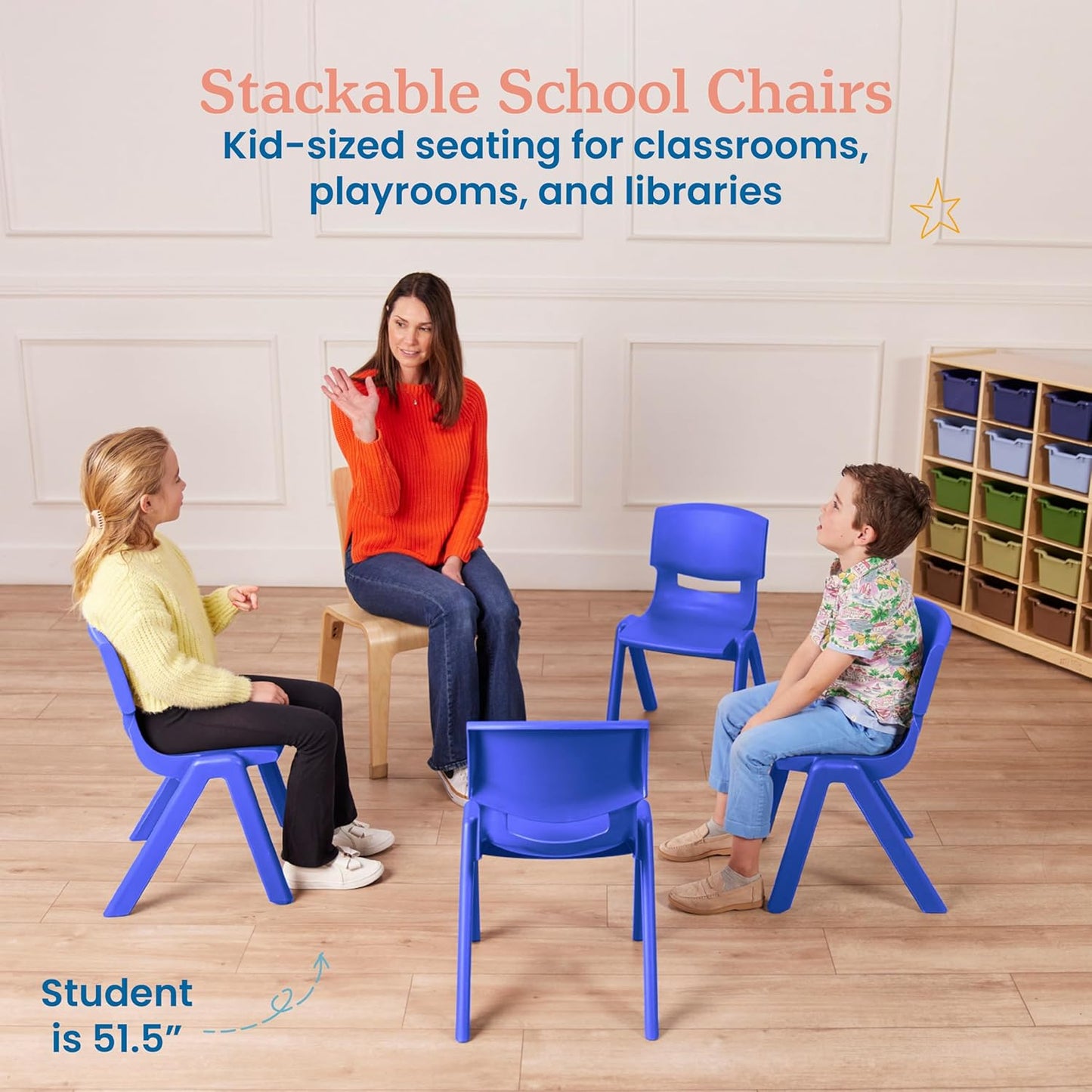 ECR4Kids 14in Plastic School Stack Chair, Classroom Furniture, Blue, 4-Pack