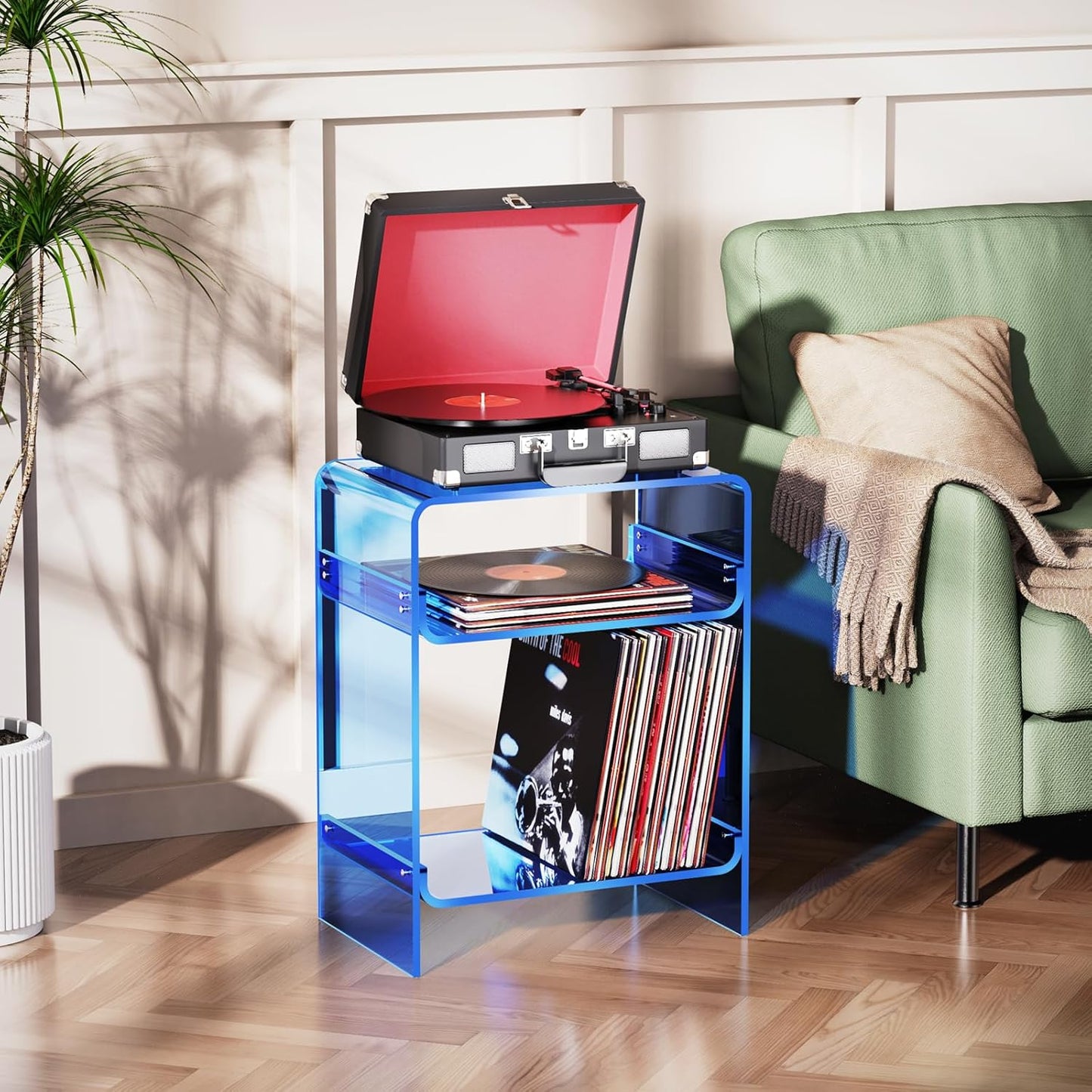 Acrylic Record Player Table with Storage Shelf, Clear Side Table Nightstand (Blue)