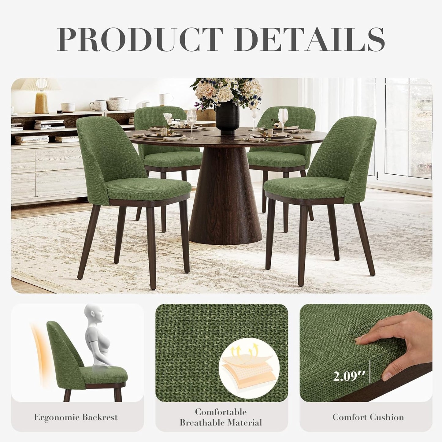 COLAMY Upholstered Dining Chairs Set of 6, Modern Kitchen Chairs with Back, Fabric Side Chair with Wood Legs for Dining Room Kitchen Restaurant, Green