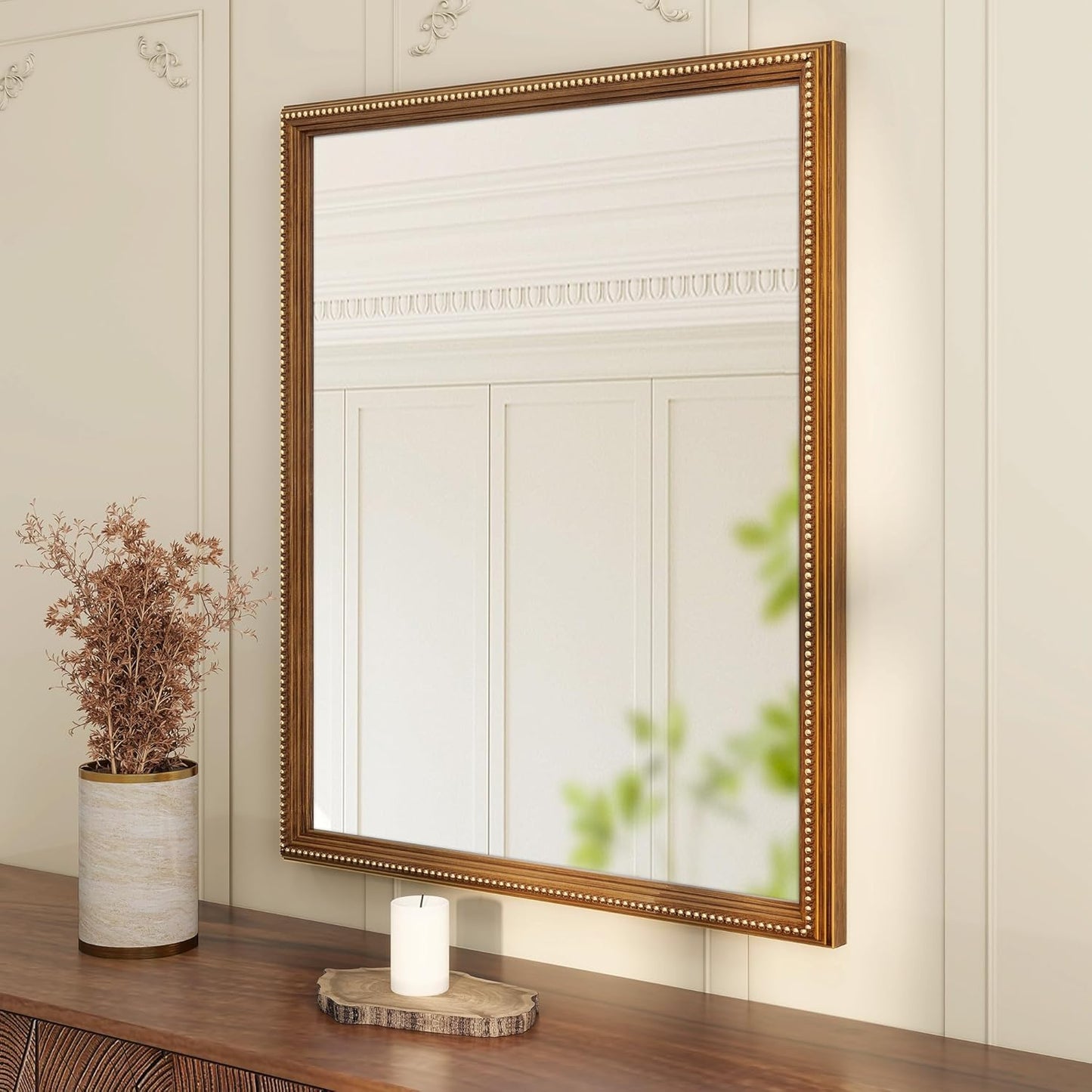 Axeman 30x36 Wood Wall Mirror, Rustic Bathroom Mirror, Vintage Wall Mounted Mirror Tempered Glass with Beaded Wooden Frame for Farmhouse Living Room Vanity Bedroom Entryway, Bronze