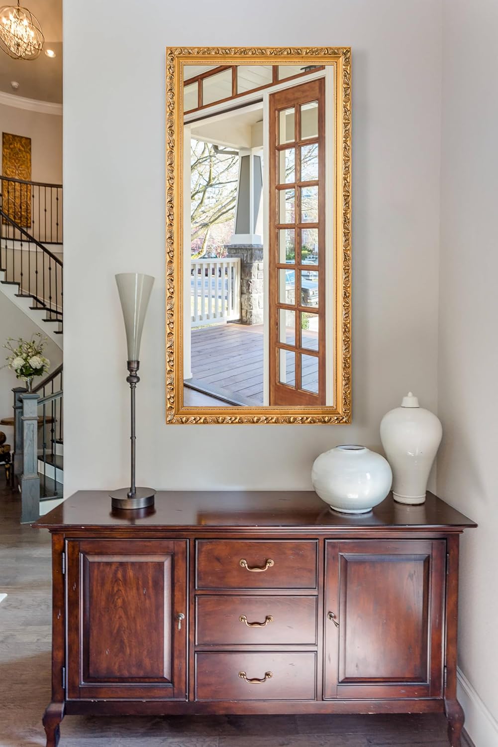 Large Vintage Mirror for Wall, 46''x 22'' Gold Antiuqe Living Room Mirror with Ornate Wood Frame, Decorative Mirrors for Entryway, Bathroom, Foyer, Hangs Horizontally or Vertically