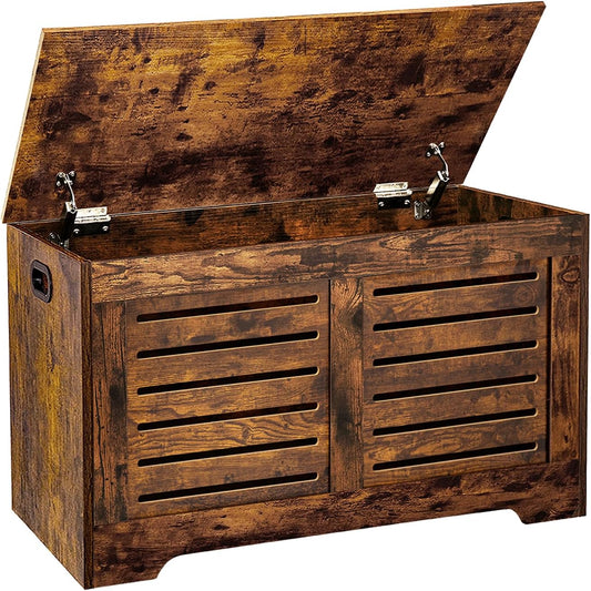 DINZI LVJ Storage Chest, Flip-Top Wooden Toy Box with 2 Safety Hinges, Retro Entryway Shoe Bench, Sturdy Large Storage Trunk for Living Room, Bedroom, Toddler Room, Easy Assembly, Rustic Brown