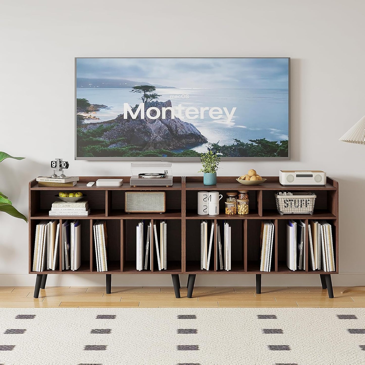 ChooChoo Record Player Stand, Turntable Stand with Vinyl Storage, Record Player Cabinet Up to 350 Albums, Cube Storage Organizer for Living Room, Walnut