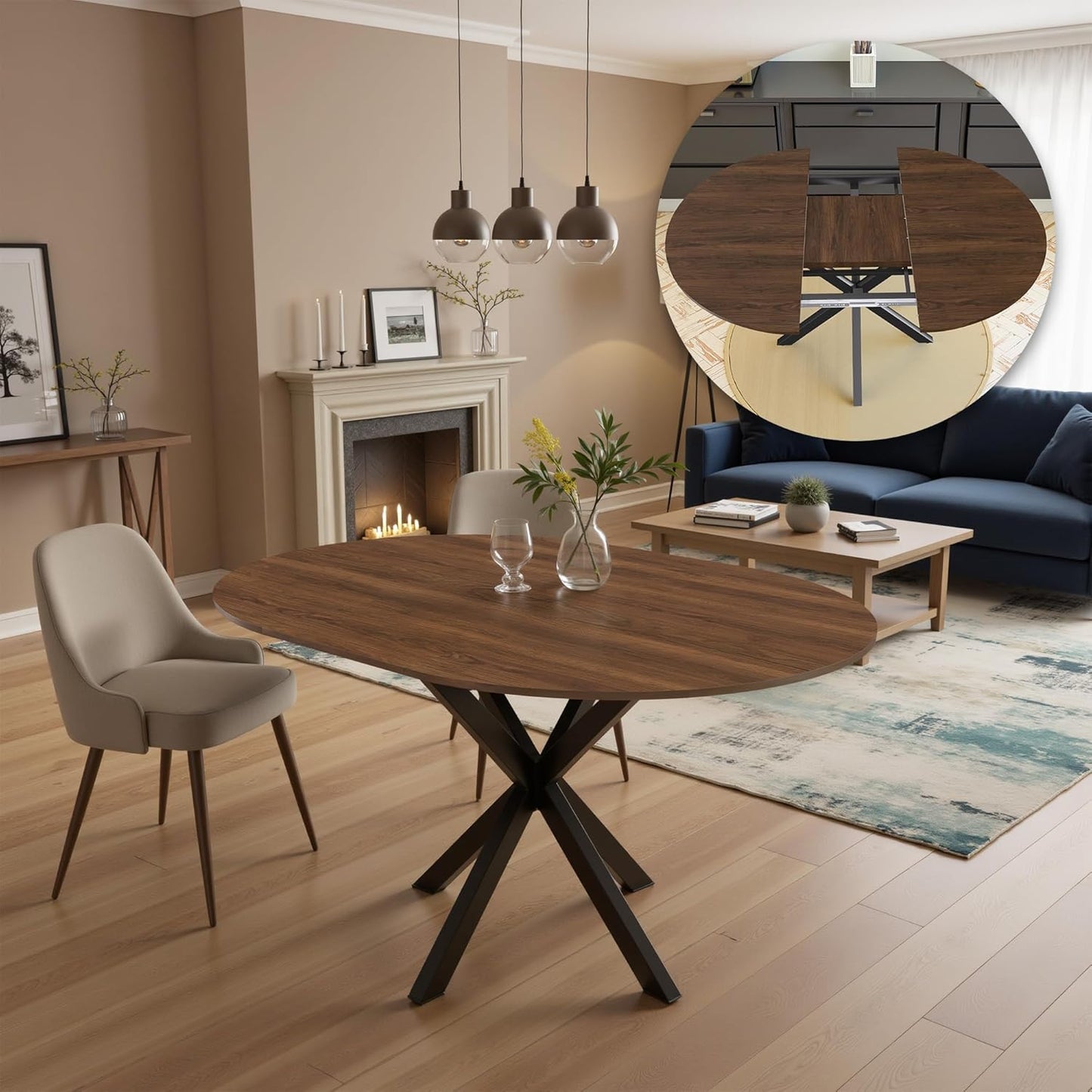 43"- 59" Extendable Dining Table for 4-6, Retractable Round Dinner Table Wood Oval Kitchen Tables Farmhouse Steel Base Dining Room Tables for Small Space, Kitchen, Living Room, Walnut