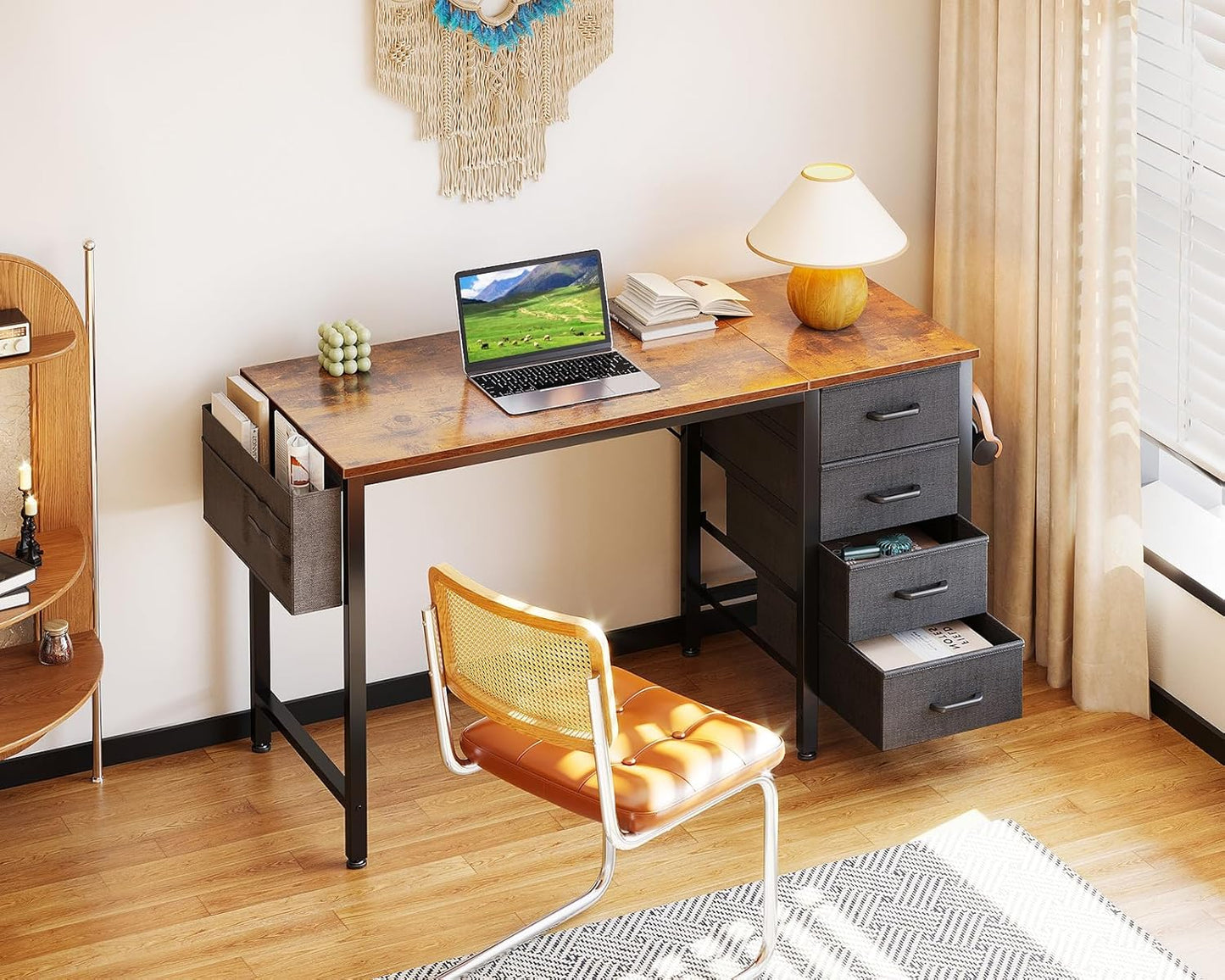 Casaottima 40-Inch Small Desk with 4 Fabric Drawers, Compact Study Desk for Students and Kids, Space-Saving Work Table for Bedroom or Small Spaces, Vintage