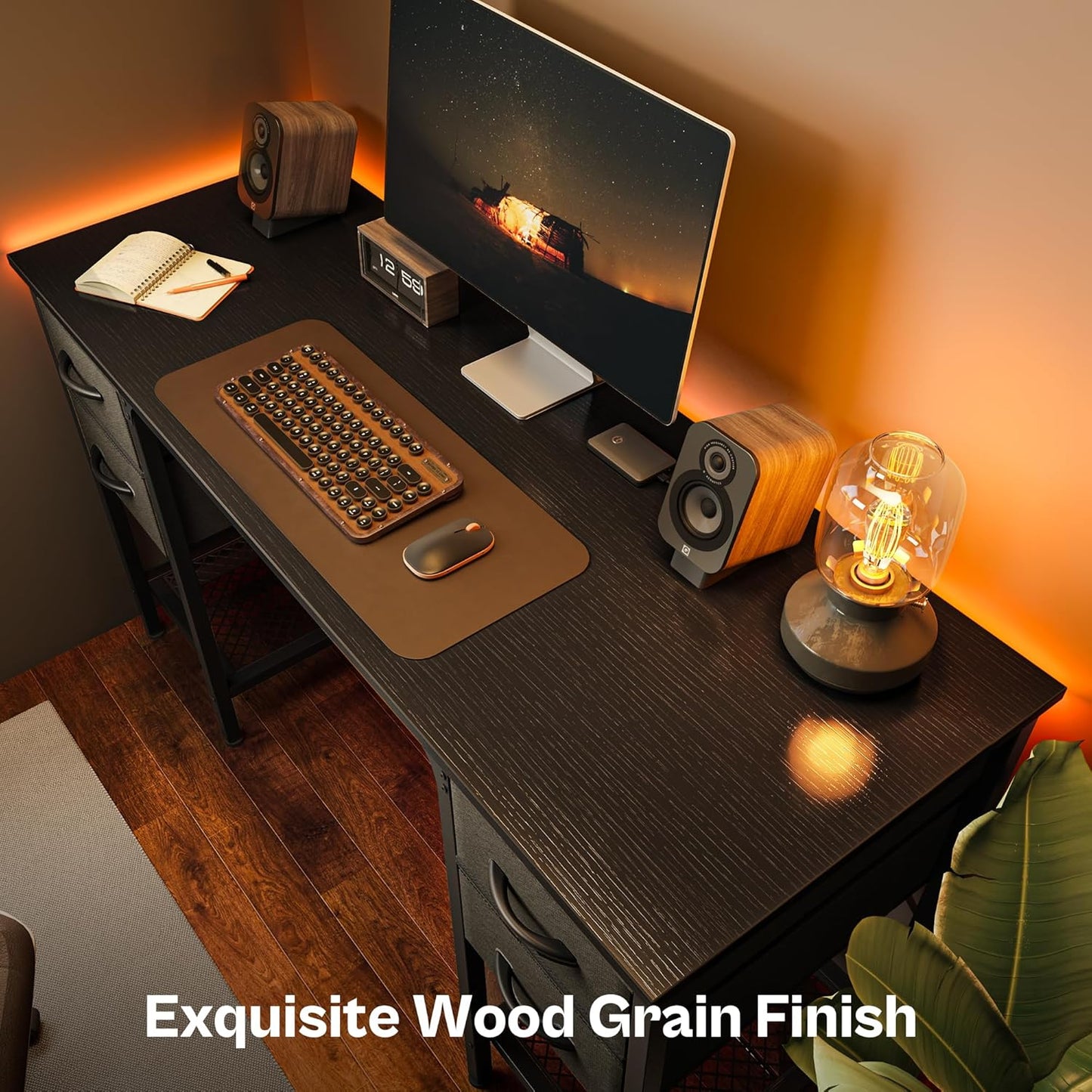 Huuger 47 Inch Computer Desk with 4 Drawers, Office Desk with Mesh Shelf, Gaming Desk, Large Storage, Writing Work Desk for Home Office, Study, Bedroom, Work from Home, Black