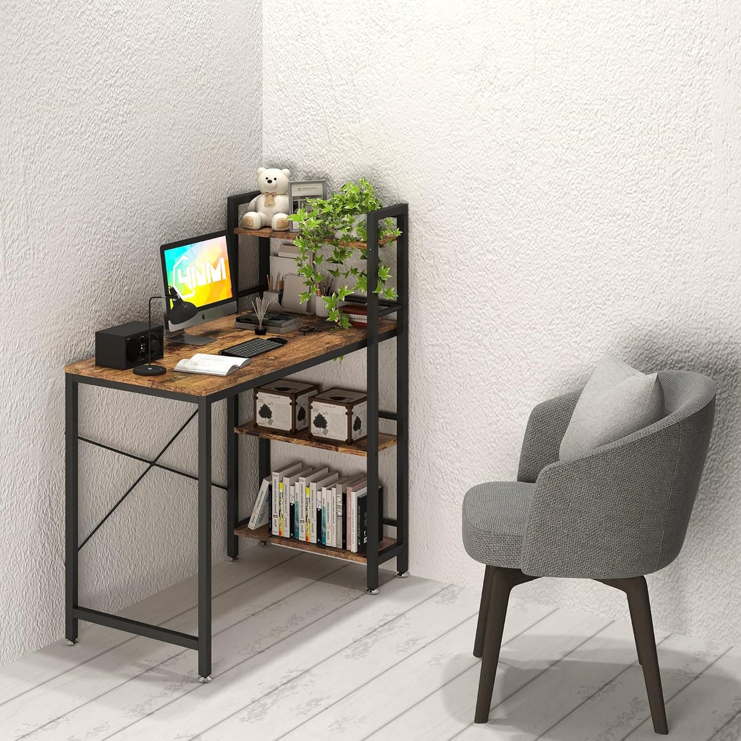 4NM 35" Small Computer Desk with 4-Tier Bookshelf, Home Office Desk Writing Workstation Study Table Multipurpose for Small Space Work - Rustic Brown and Black
