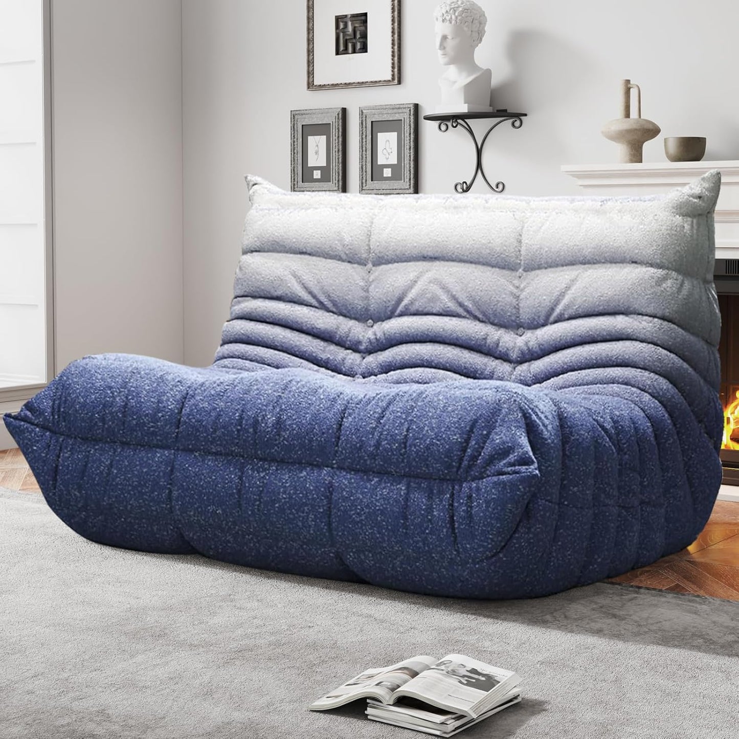 Bean Bag Chairs for Adults, Memory Foam Couch Loveseat Sofa Chair, Soft Teddy Material Cozy Comfy Reading Nook Chairs, Floor Chair for Living Room Bedroom Office(Blue-White)