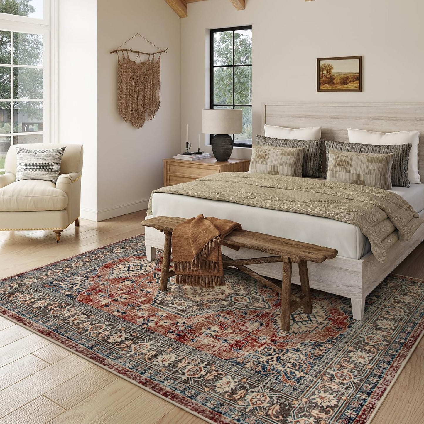 Lahome Oriental Washable Rugs 8x10, Non-Slip Soft 8x10 Rugs for Living Room Bedroom, Stain Resistant Ultra-Thin Vintage Accent Carpet for Dining Room Office, Brick Red