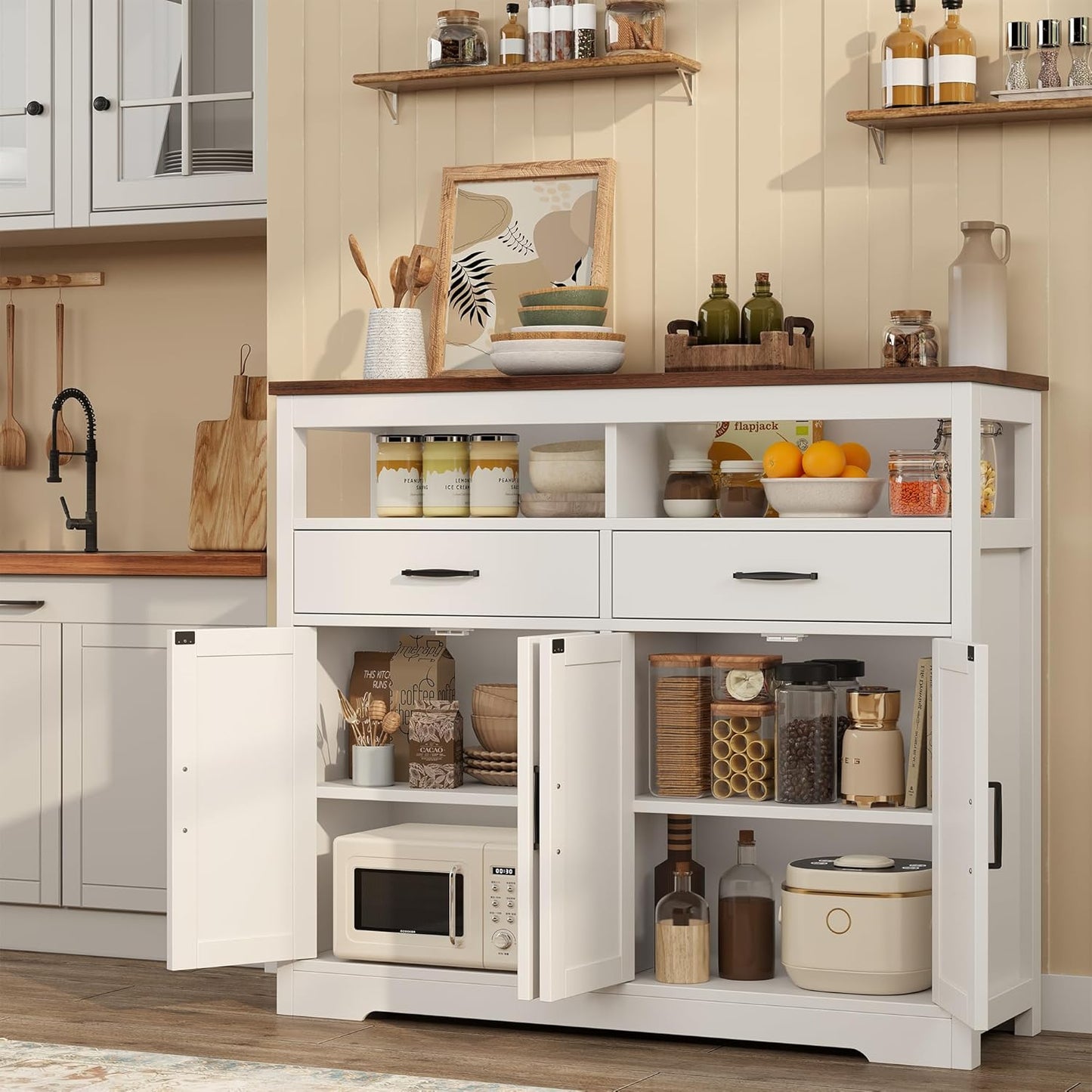 Buffet Sideboard with Storage Farmhouse with 4 Doors, 47'' Large Kitchen Storage Cabinet Wood Coffee Bar Cabinet Buffet Table with Shelves for Kitchen, Dining Room, Entryway