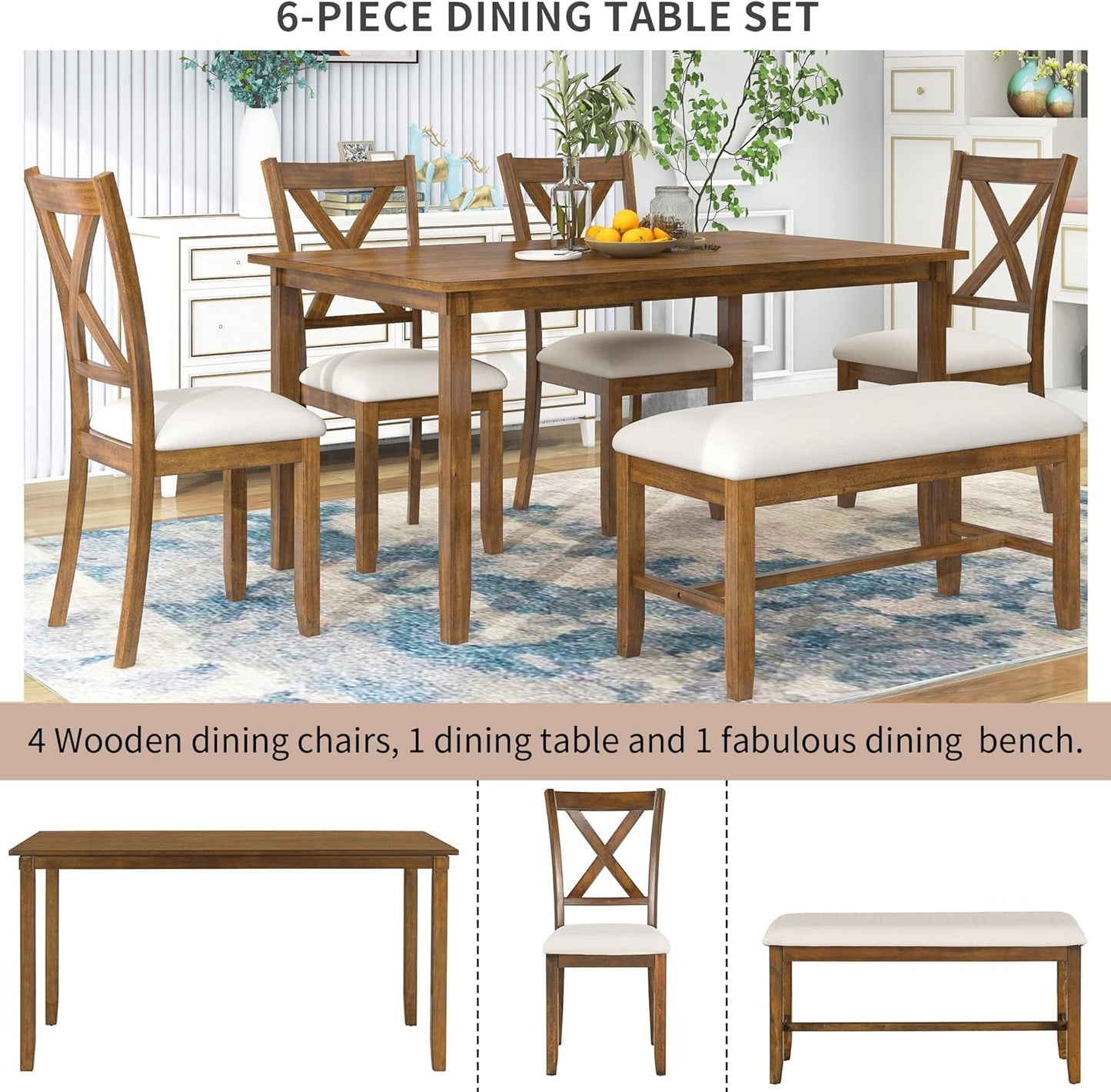 6 Pieces Dining Table Set with 60" Rectangle Kitchen Desk,Living Room Furniture W/ 4 "X-Shaped Curved Backres Fabric Chairs & 1 Bench,for Restaurant,Home Bistro,Natural Cherry