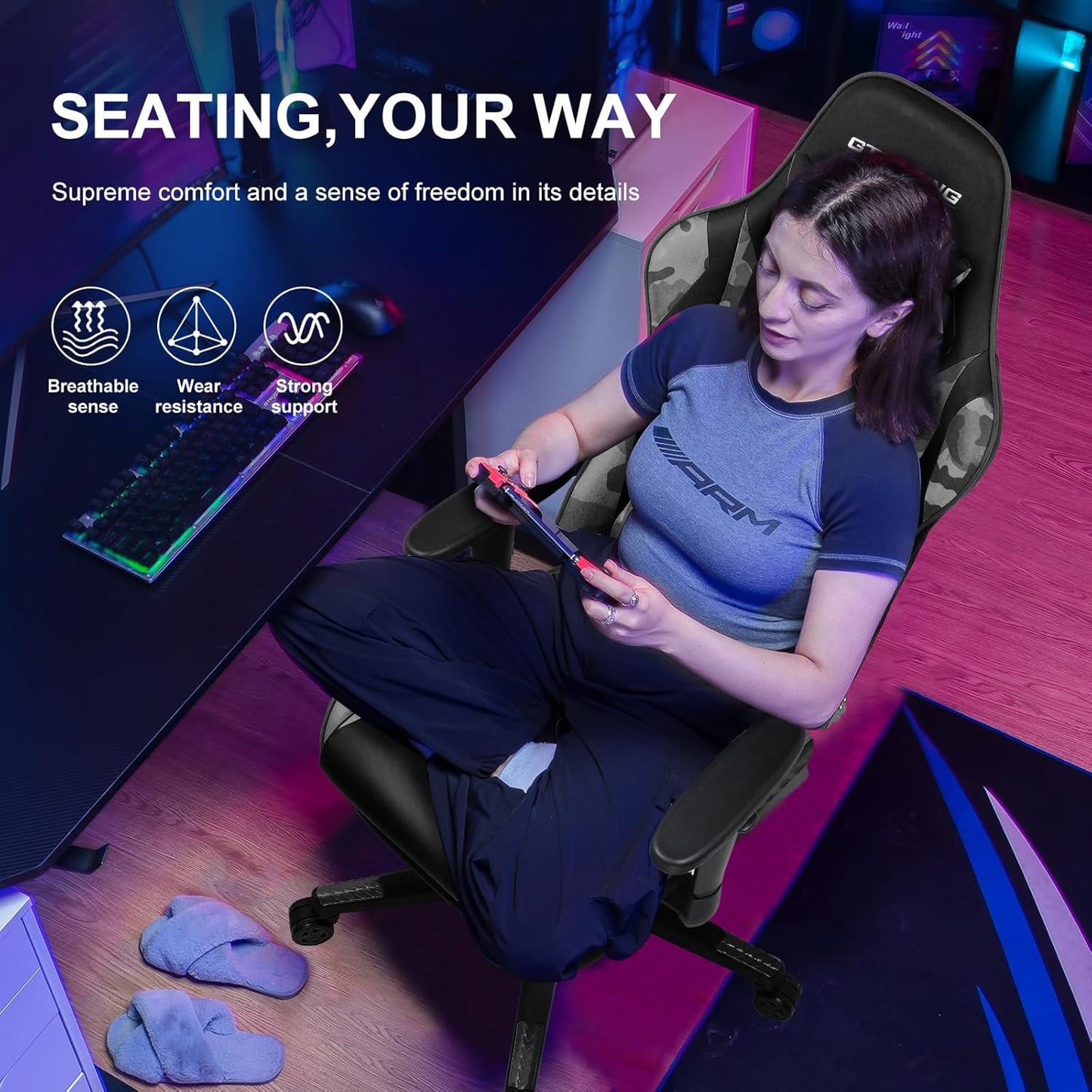 GTRACING Gaming Chair with Footrest, Ergonomic Computer Game Desk Chair, Reclining Gaming Chair Seat Height Adjustment, Swivel Rocker with Headrest and Lumbar (Camouflage)