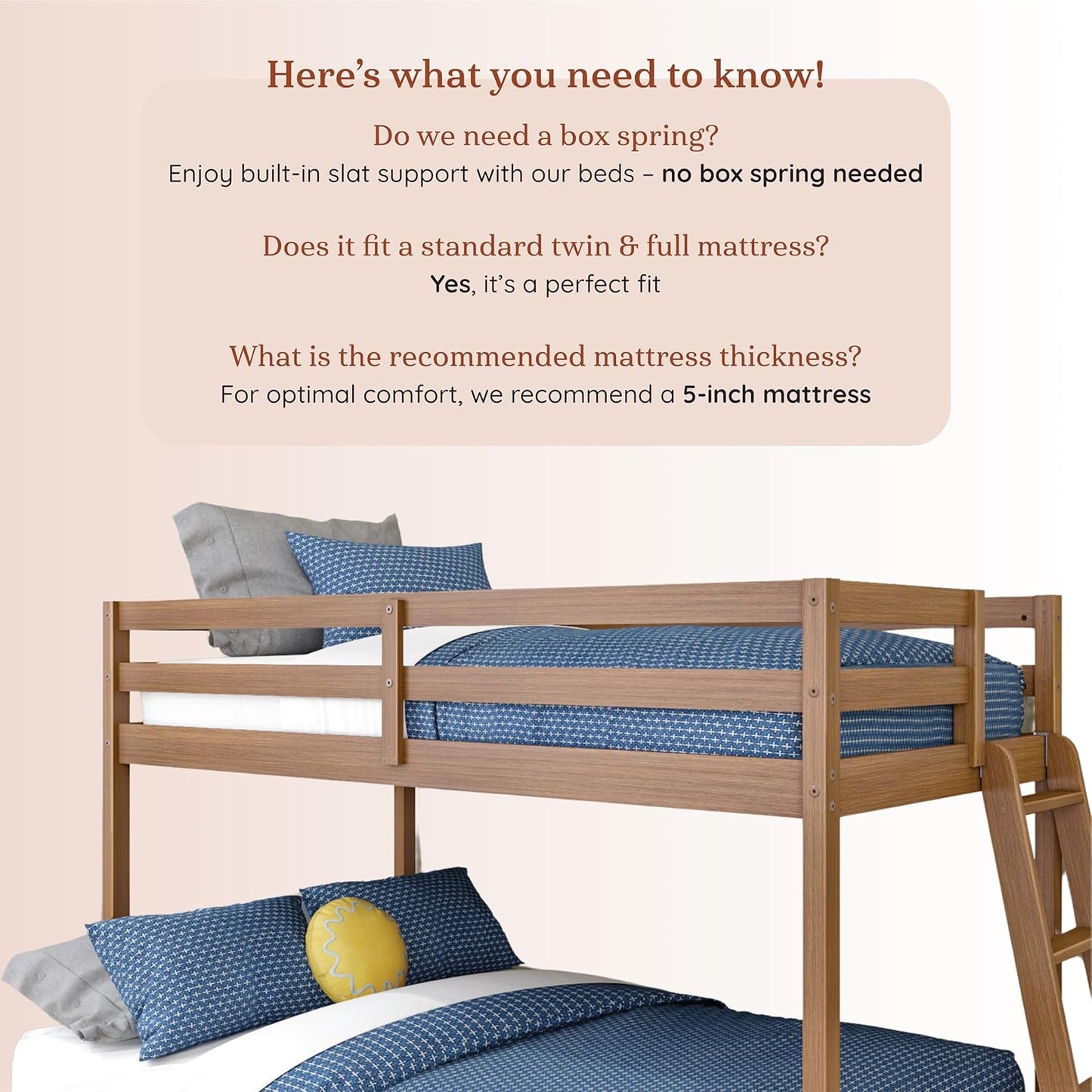 Grain & Grove Bear Twin Over Full Bunk Bed, Low Bunk Bed Frame for Kids, Bunk with Ladder, Guardrail, and Slats, No Box Spring Required, Oak Embossed Pecan