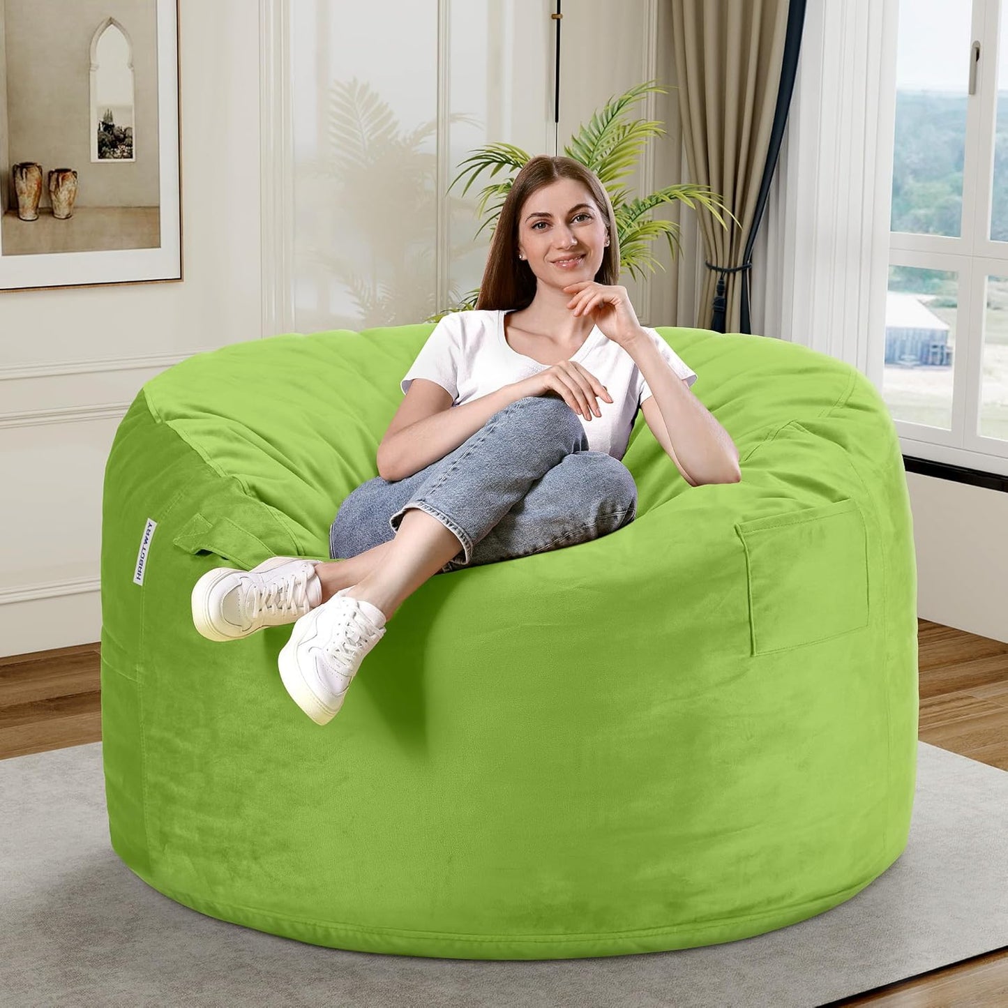 HABUTWAY Bean Bag Chair 3Ft Luxurious Velvet Ultra Soft Fur with High Rebound Memory Foam Bean Bag Chairs for Adults Plush Lazy Sofa with Fluffy Removable Sponge 3' (Lime)