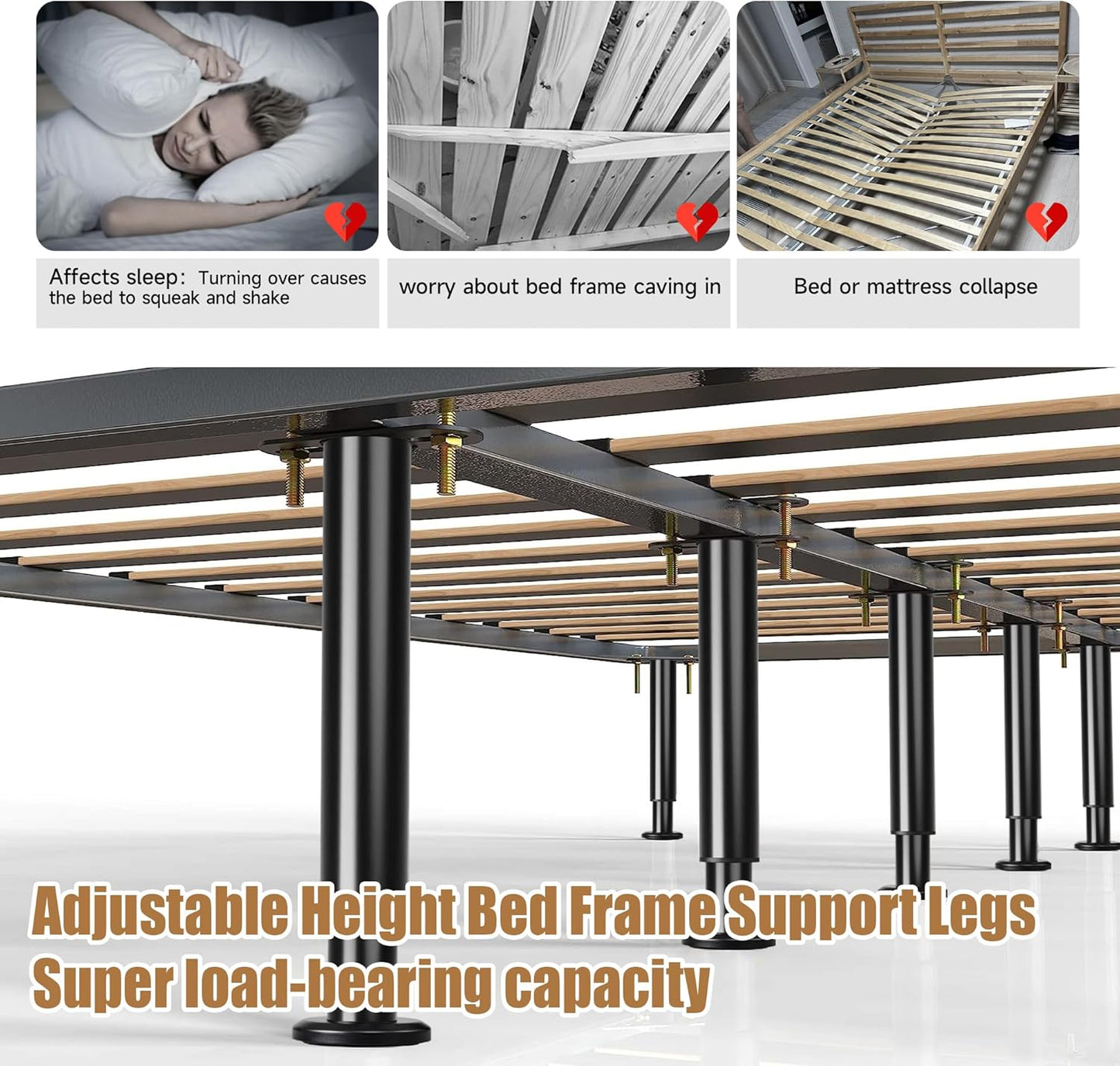 Adjustable Bed Frame Center Support Legs, Heavy Duty Cold Rolled Steel Bed Slat Support Legs with Wider Base, Bed Frame Leg Replacement, Furniture Support Reinforcement Kit (Height 5in to 7.8in) 2PCS