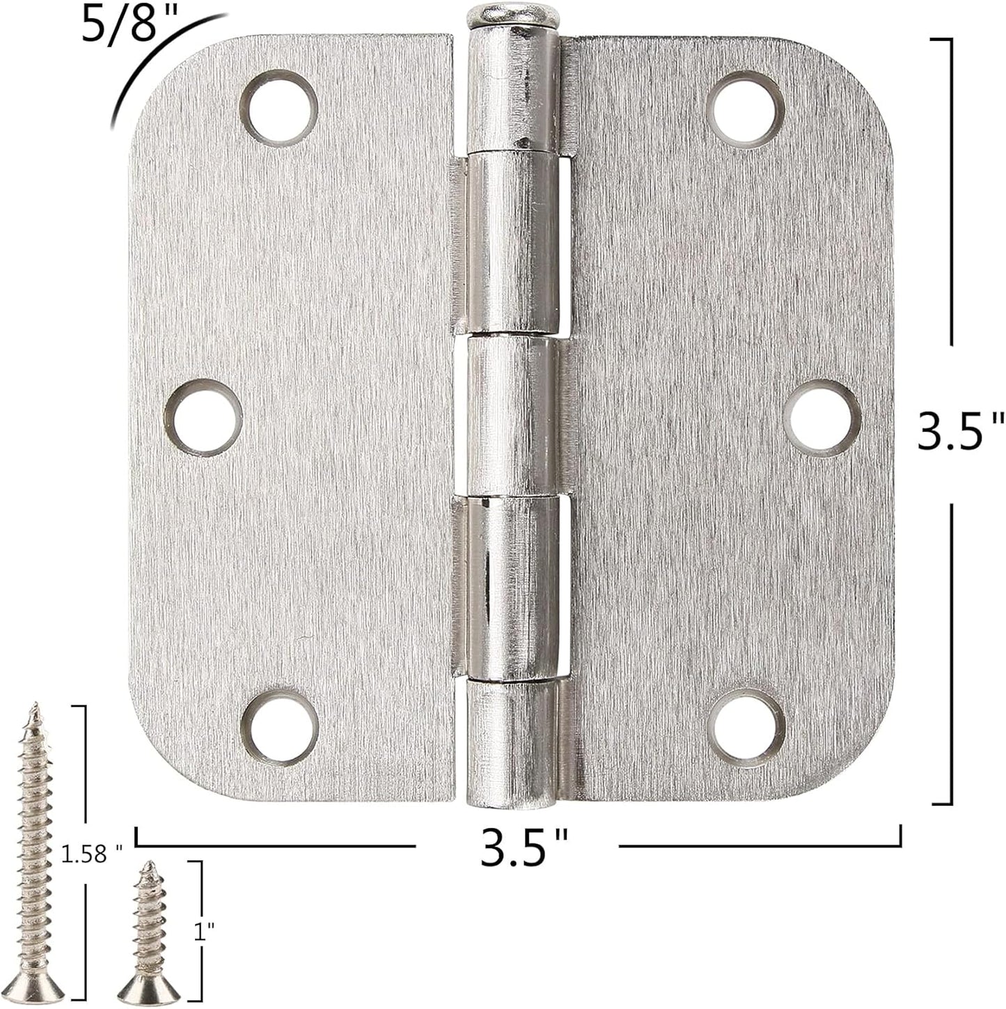 100 Pack Interior Door Hinges Brushed Nickel 3.5 inch x 3 1/2" 5/8" Round Residential Bi-fold Bedroom Standard Hinge for Wood Single/Double Bedroom Doors Silver House Hardware Kit Controls 3 ½"