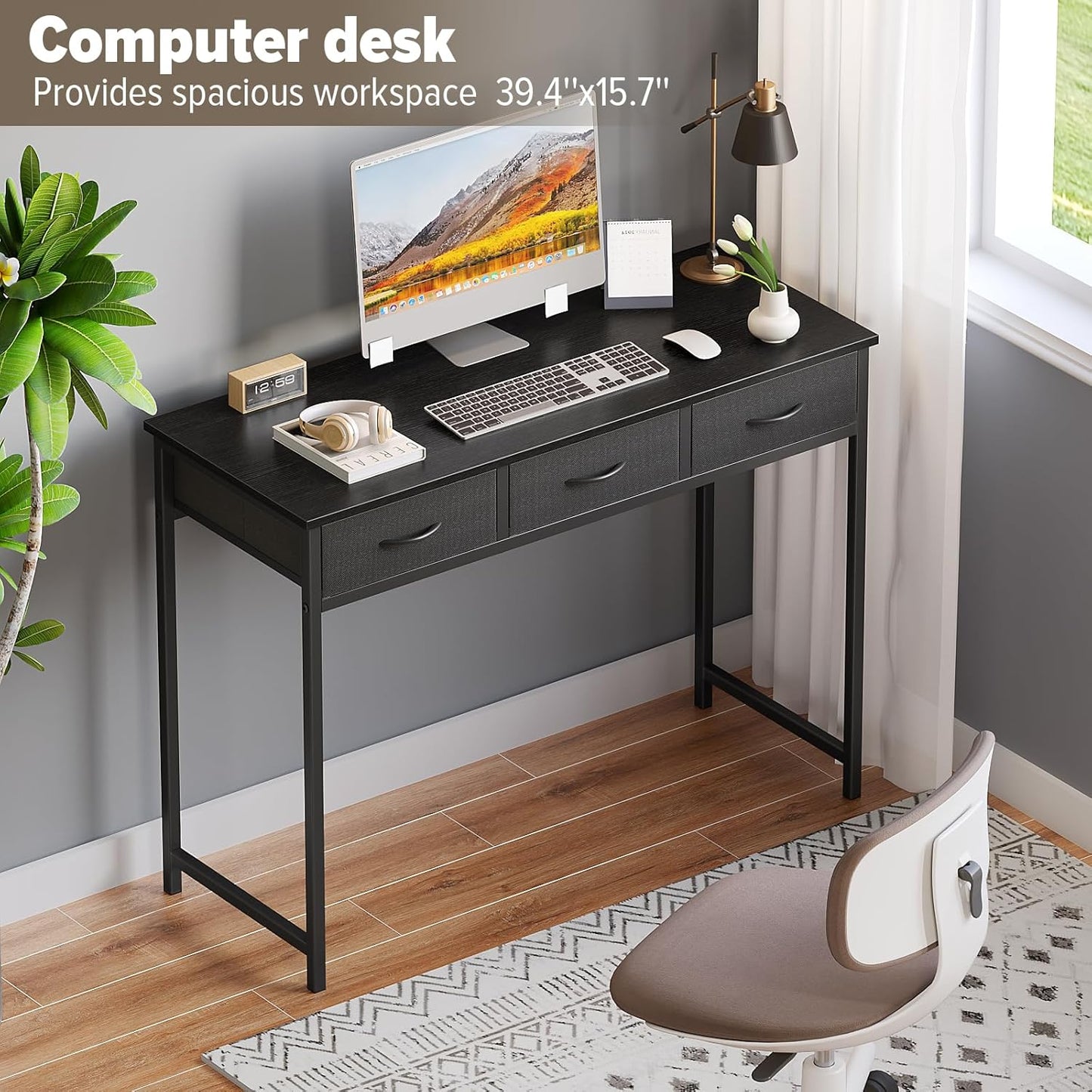 WOHOMO Computer Desk with Drawers, 39.3 Inch Bedroom Desk with Storage, Home Office Desk for Room Spaces, Modern Work Writing Study Tables, Black