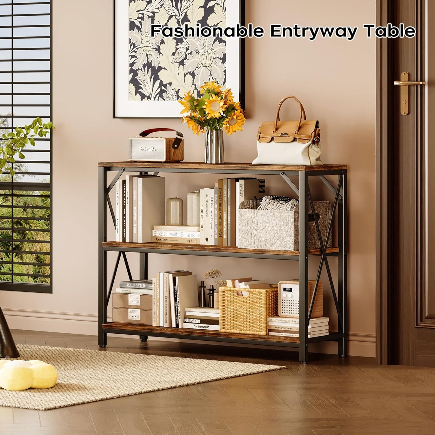 Homeiju Entry Table 40" Width, 3-Tier Entryway Table with Storage, Industrial Sofa Table with Open Shelves, Foyer Tables for Entryway, Hallway, Kitchen, Living Room and Bedroom, Rustic Brown