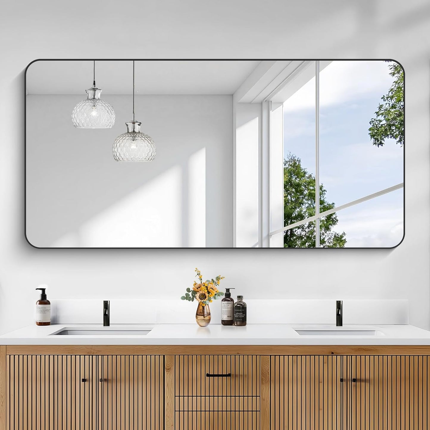 KOCUUY 60"x30" Large Rectangle Vanity Mirror, Black Metal Frame Mirror with Rounded Corner, Modern Design of Upgraded Shatterproof Glass for Bathroom, Bedroom, Living Room, Entryway