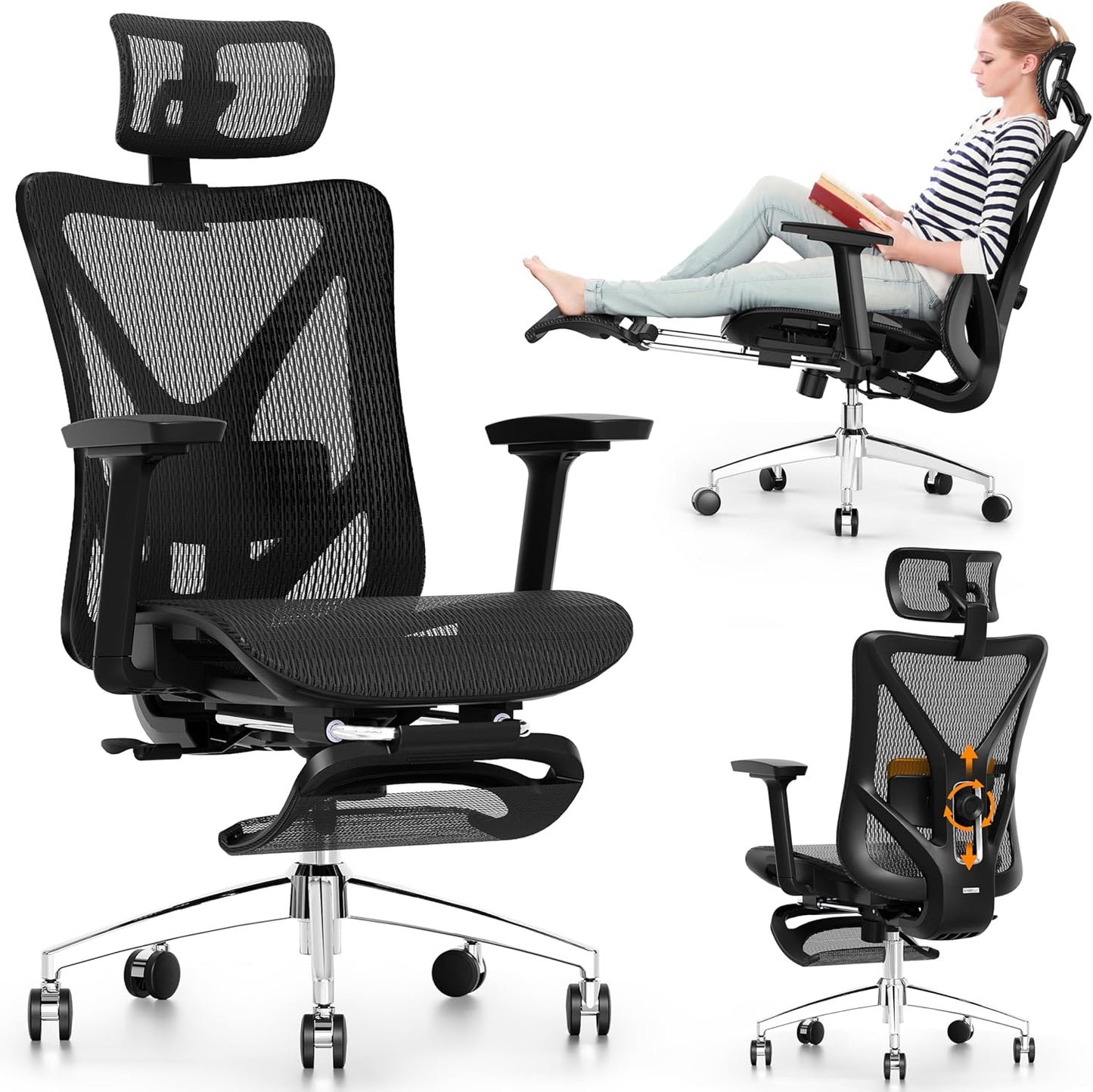 GABRYLLY Ergonomic Office Chair with Adjustable Lumbar Support, 3D Armrests & Headrest, 135° Reclining Chair with Footrest & Large Steel Base,300LBS Swivel Desk Chair(GYMN01)