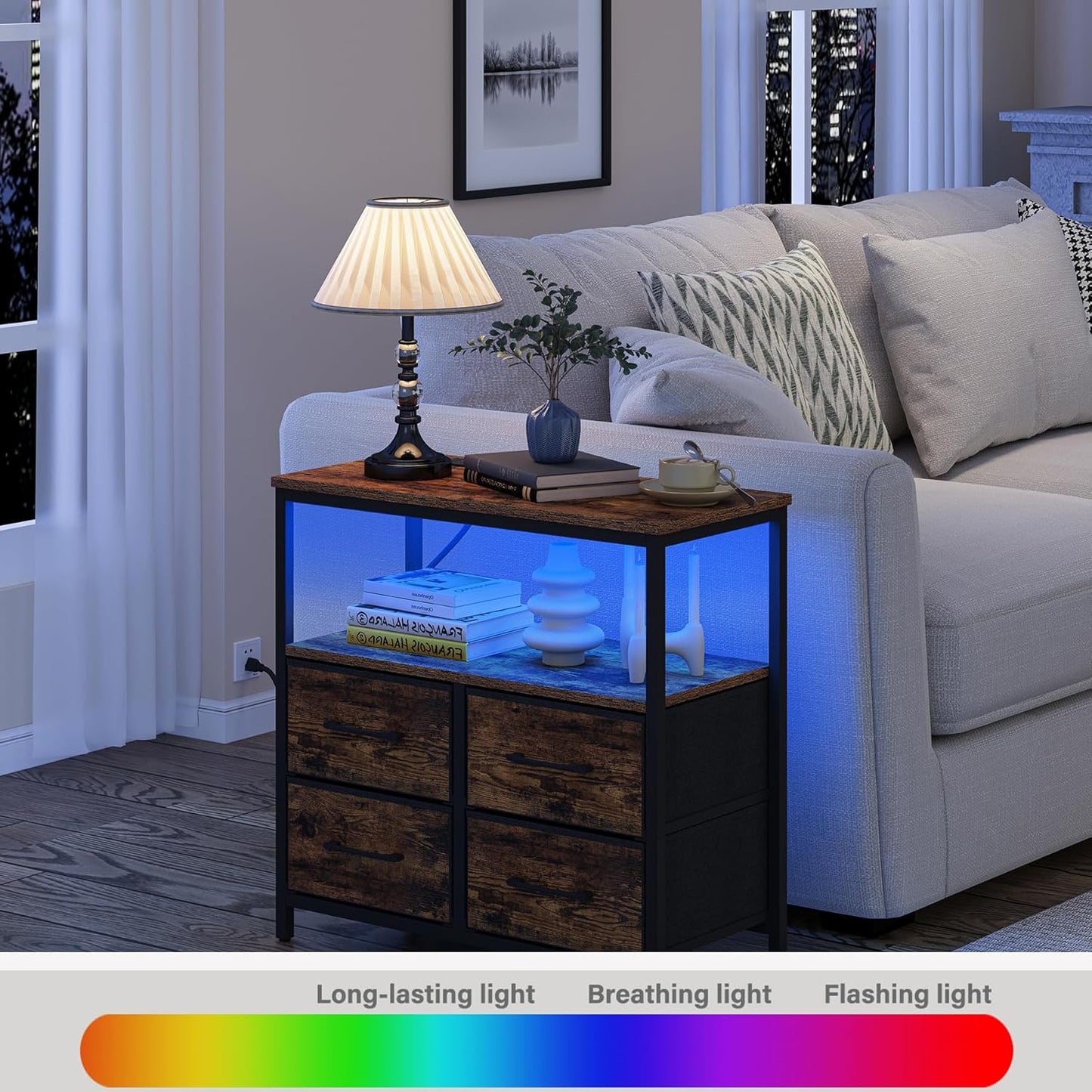 TUTOTAK LED Night Stand with Charging Station, Large Nightstand with USB and Type-C Port, Bedside Table with Cloth Drawers, End Table for Livingroom, Bedroom, Brown TB01BB081L