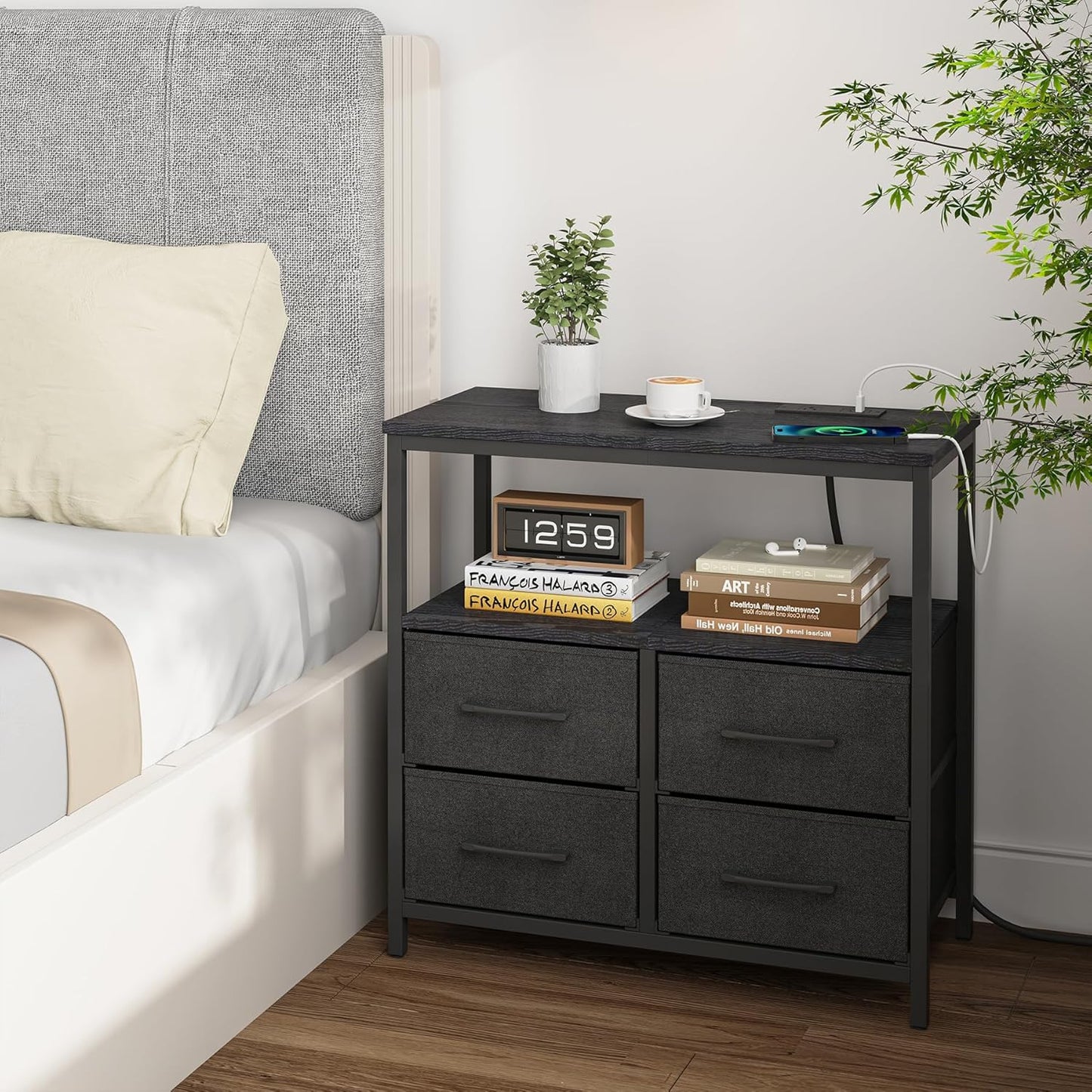 TUTOTAK Large Night Stand with Charging Station, Nightstand with USB and Type-C Port, Bedside Table with Cloth Drawers, End Table for Livingroom, Bedroom, Black TB01BK081