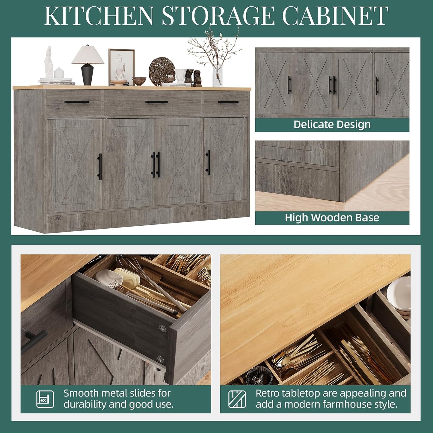 Shintenchi Sideboard Buffet Cabinet with Storage,53.4" Large Kitchen Buffet Storage Cabinet with 3 Drawers and 4 Doors,Wood Farmhouse Sideboard with Adjustable Shelf for Kitchen, Living Room,Grey