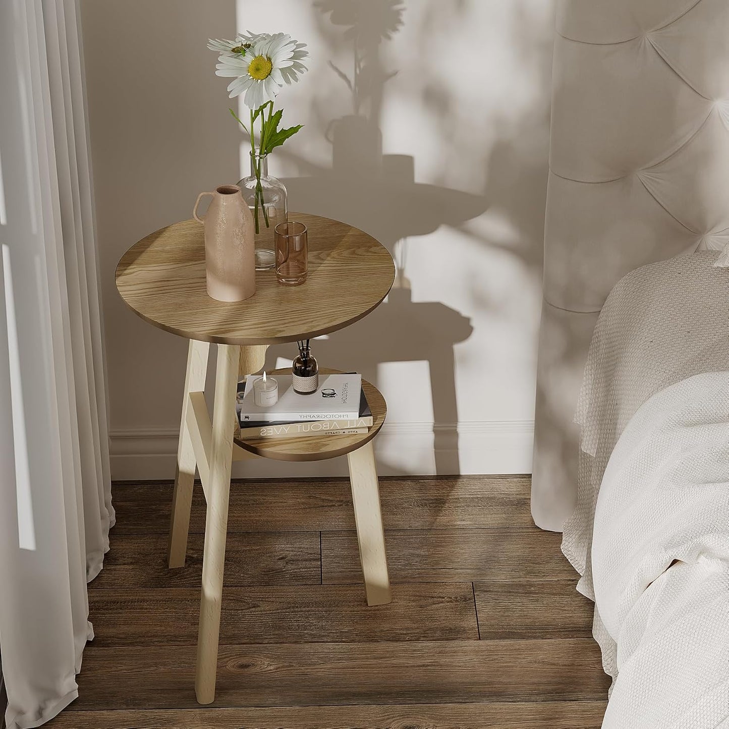 ChooChoo Round End Table for Small Spaces, Narrow Side Table, Accent Table Night Stand with 2 Tier Shelf for Bedroom and Living Room, Natural