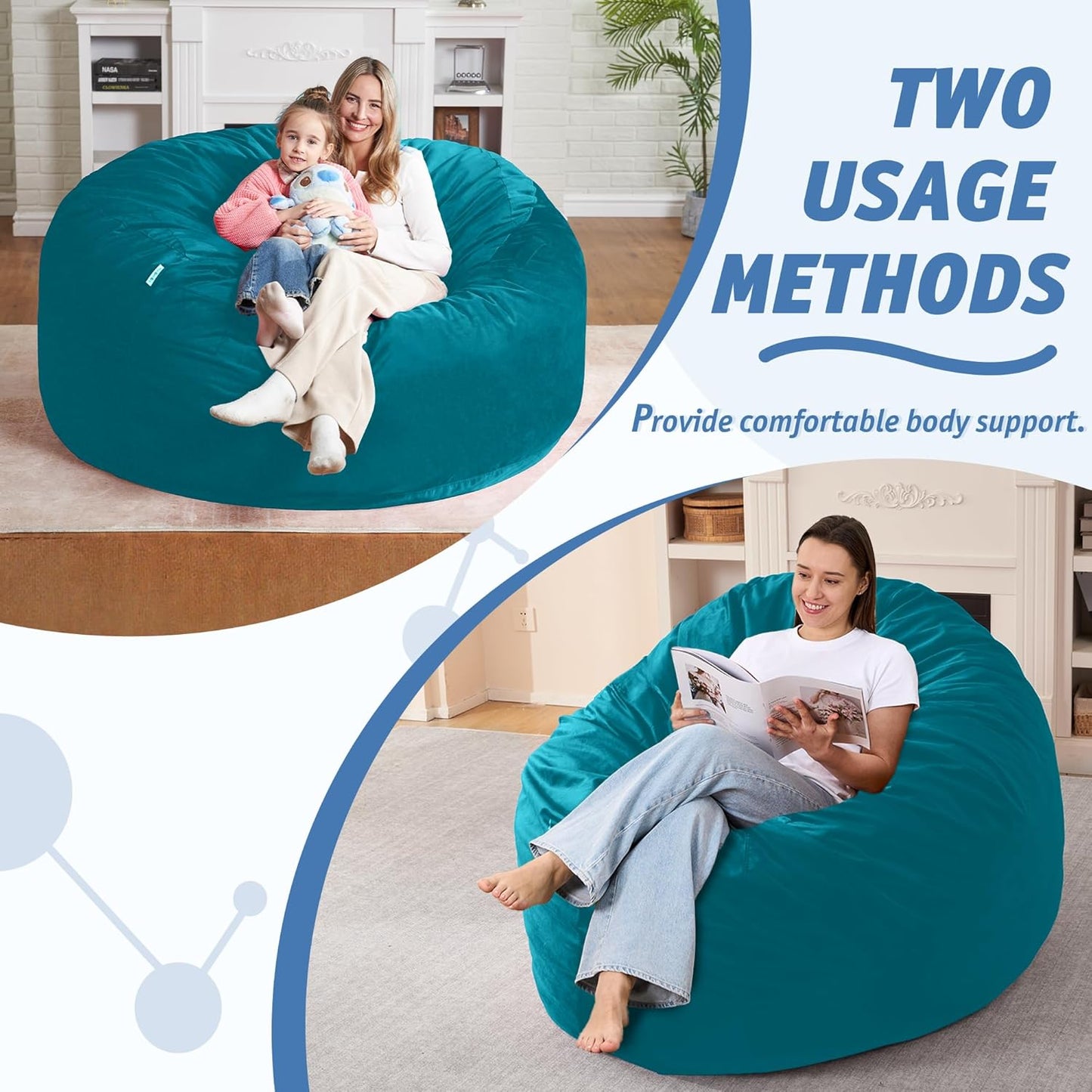 5FT Bean Bag Chair with Ultra Soft Velvet Cover Bean Bag Sofa with Memory Foam Bean Bag Chairs with Large Size Lazy Sofa for Dorm Office Living Room Bedroom Sea Blue 5'