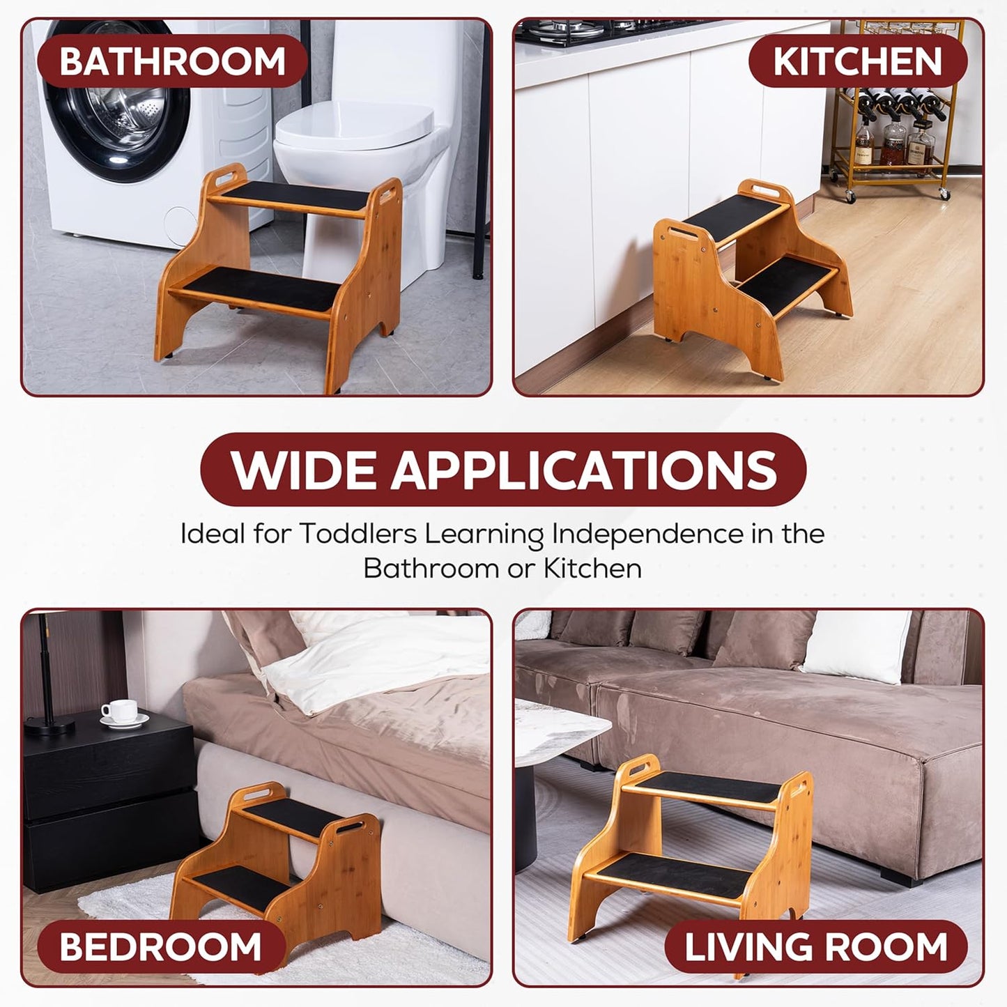 2-Step Wooden Step Stool for Adults & Kids – Non-Slip Bed, Bathroom, Kitchen, and Closet Use – Heavy-Duty Portable Step with Handles – 400 lb Capacity